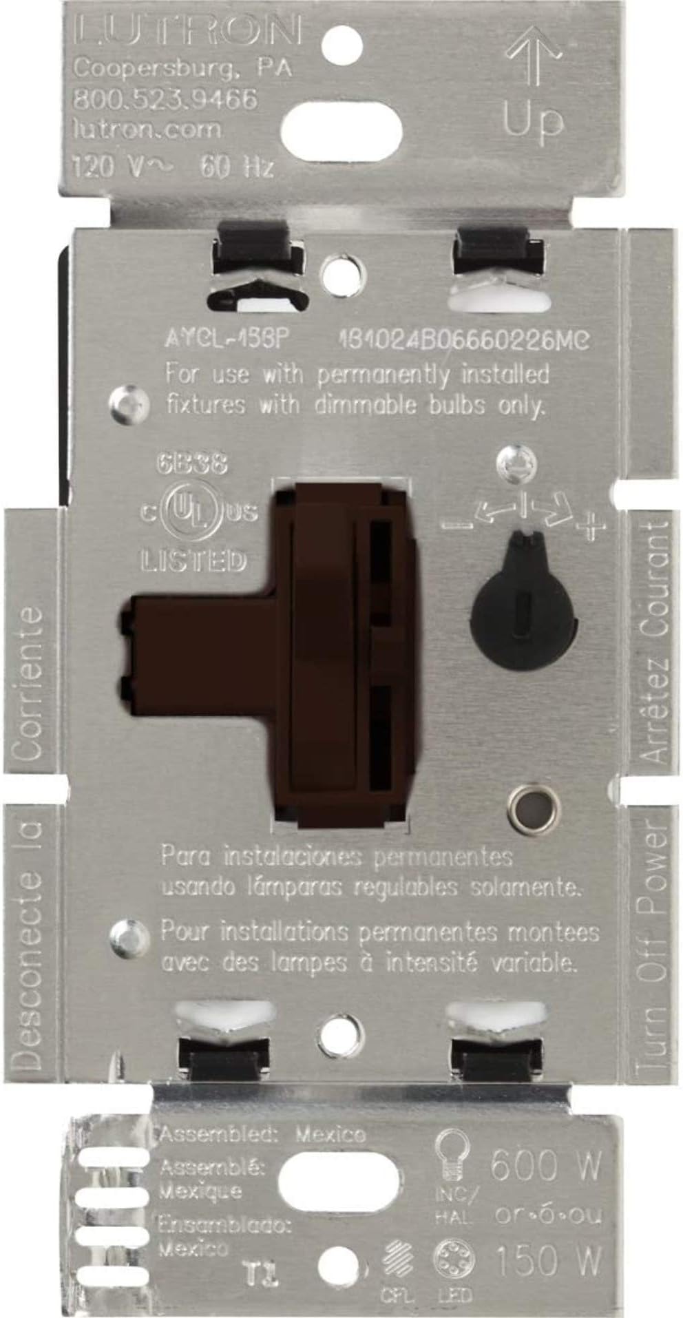 Lutron Ariadni/Toggler LED+ Dimmer Light Switch for Dimmable LED, Halogen and Incandescent Dimmer Switch, 150W, Single-Pole/3-Way, AYCL-153P-BR, Brown
