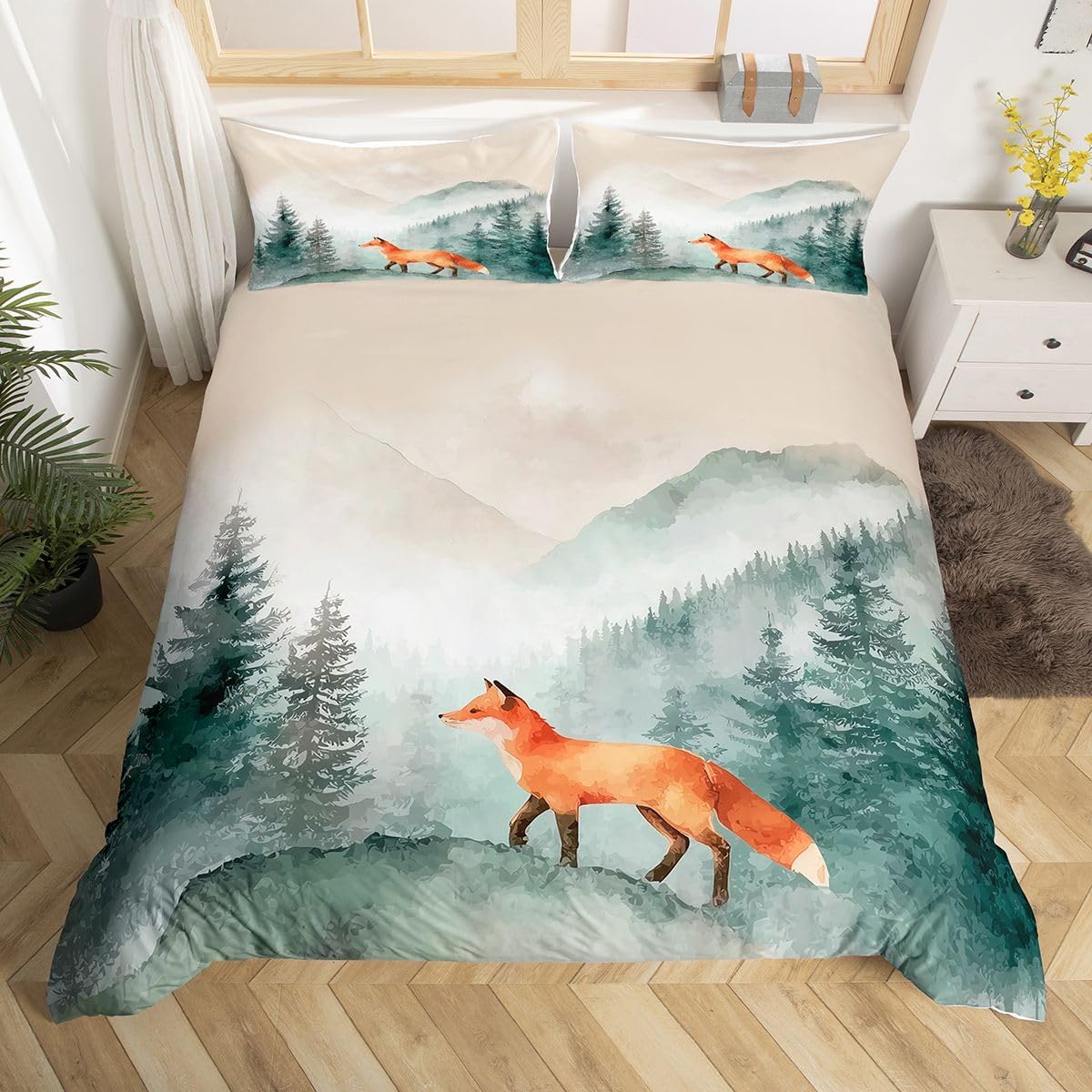 Erosebridal Wild Fox Comforter Cover Queen Hunting Wildlife Animals Bedding Set Green Misty Forest Duvet Cover for Kids Girls Boys Adults Vintage Western Mountain Pine Tree Bed Set