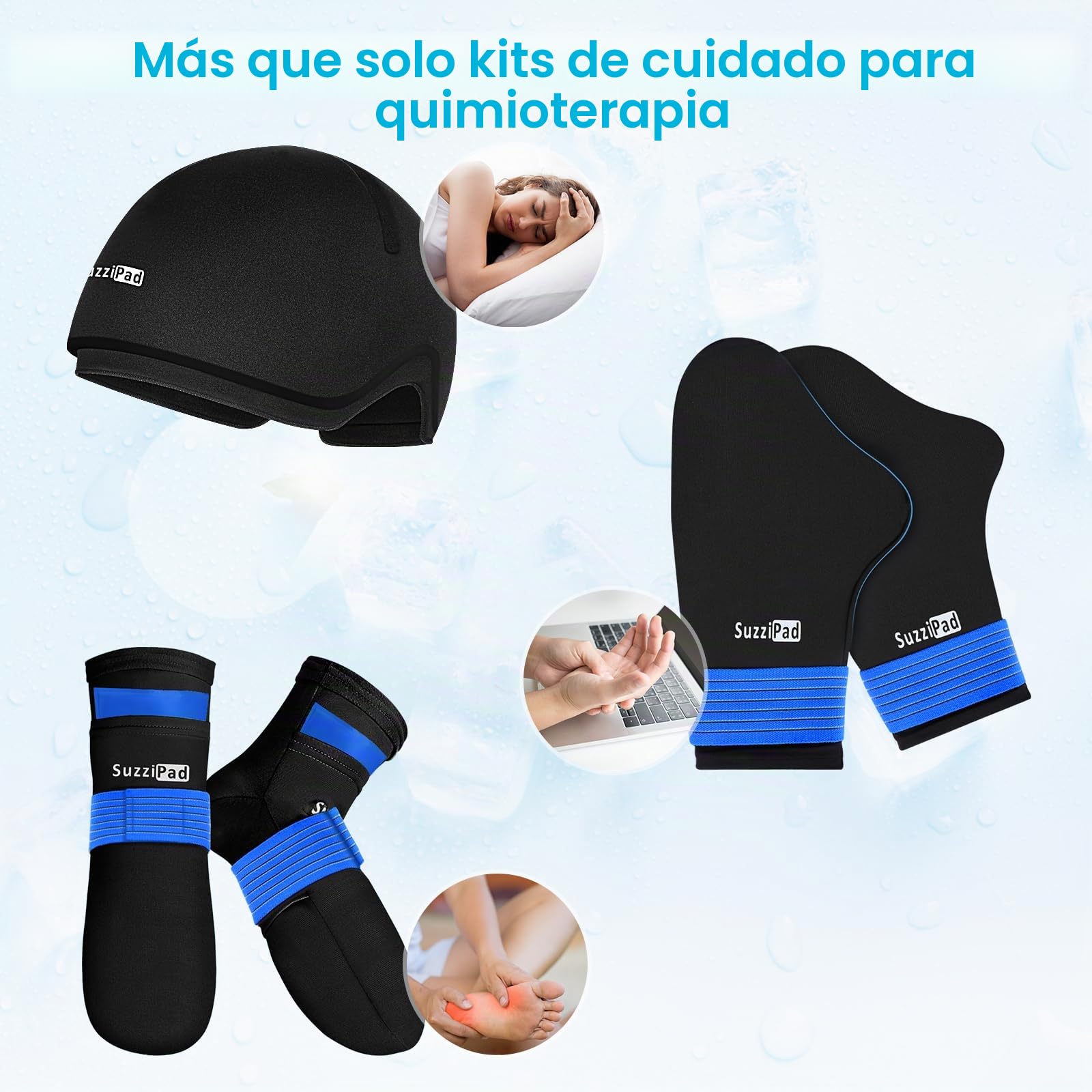 SuzziPad Kit de cuidado de quimioterapia, calcetines de terapia fría y guantes de frío para quimioterapia, neuropatía, gorra de alivio del dolor de cabeza de migraña, imprescindible para pacientes con