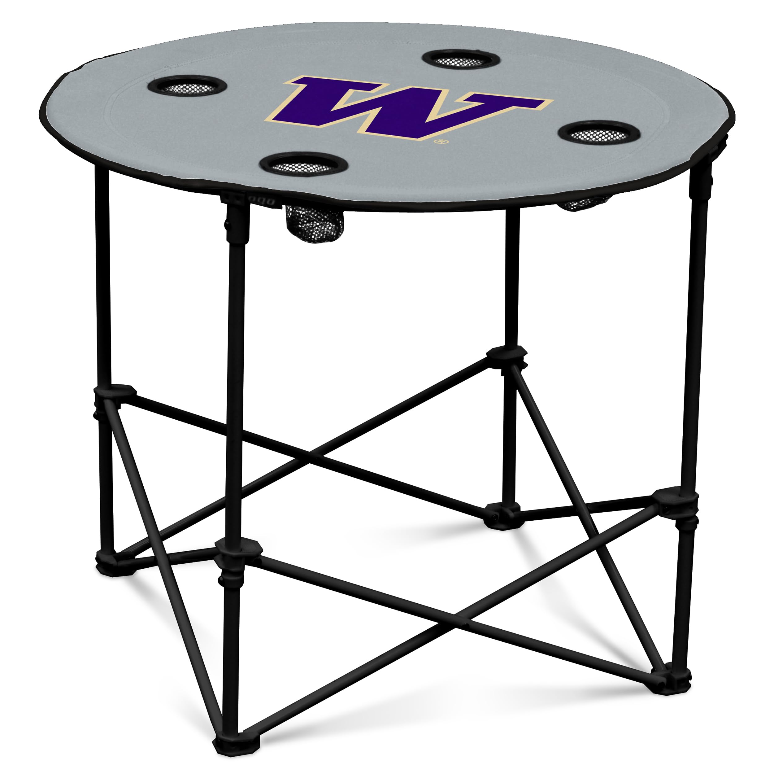 Logo Brands NCAA Washington Huskies Round Tailgating Table – Portable with Foldable Legs, 4 Cup Holders, Powder-Coated Steel, and 27.6" Surface Diameter, Team Color