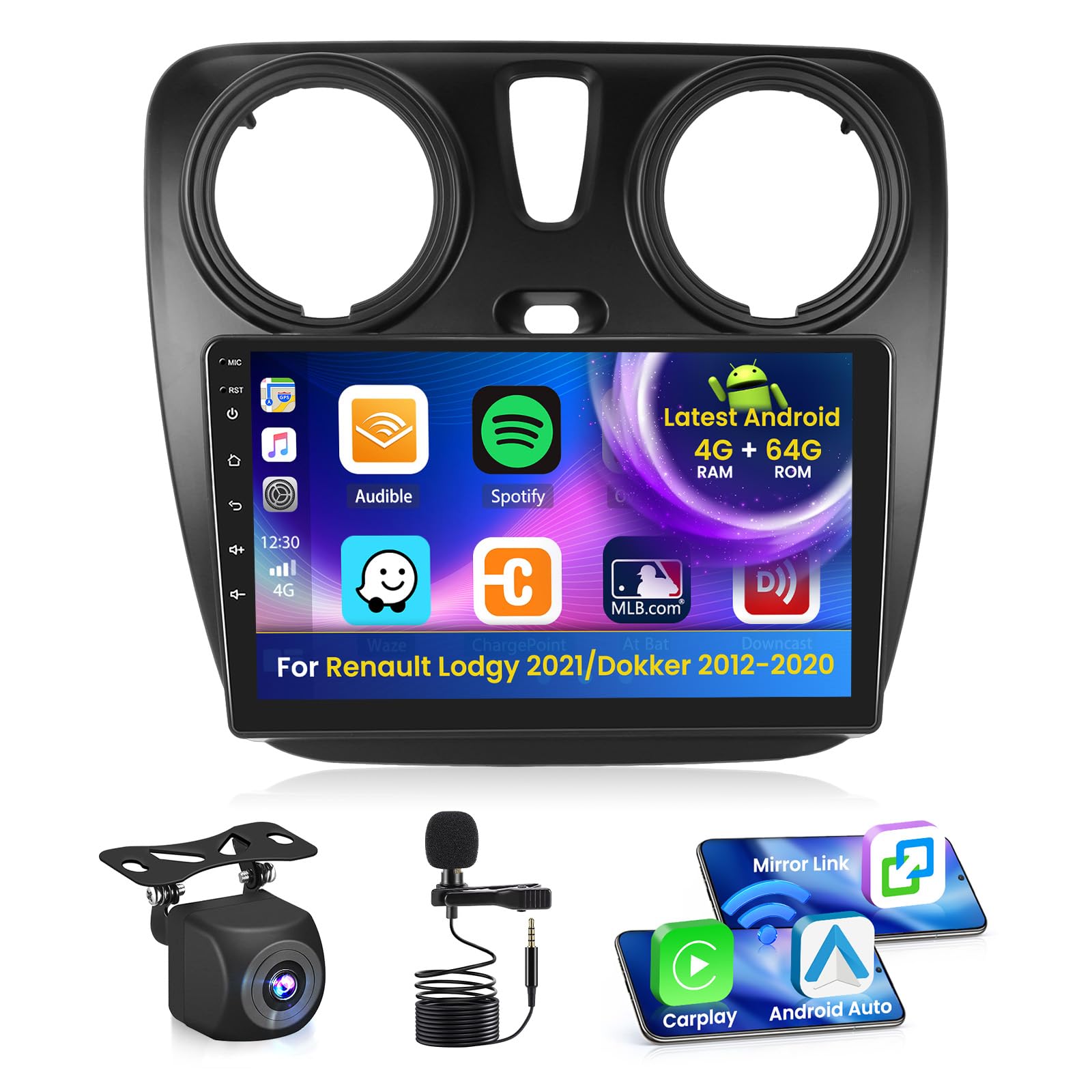 Android 15 Car Radio for Renault Lodgy 2021, Dokker 2012-2020 4+64G with Wireless CarPlay Android Car, 9 Inch Screen Support FM RDS 32EQ GPS Bluetooth WiFi SWC AHD Reversing Camera