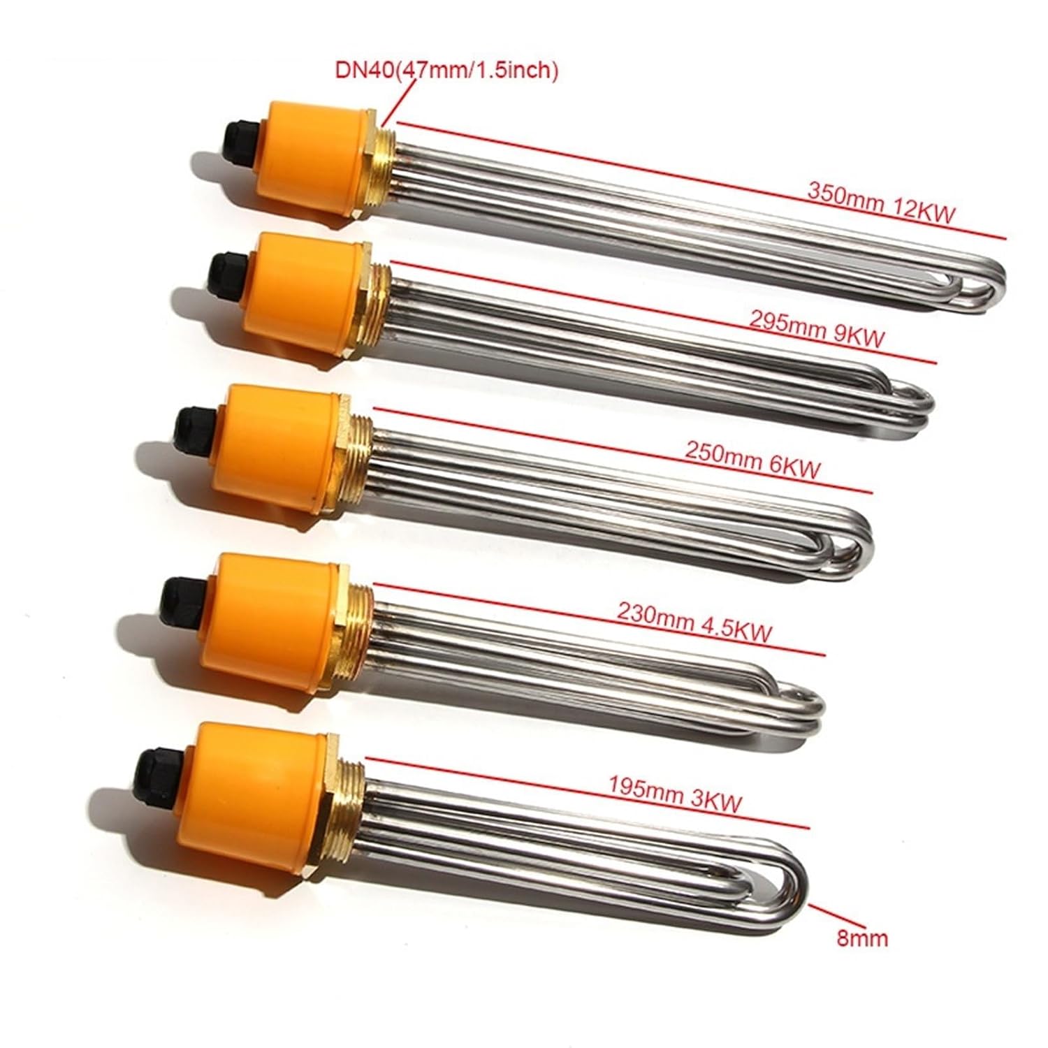 DN40 47mm Thread Heater Element 220V/380V 3KW/4.5KW/6KW/9KW/12KW Ten 201SS 1Pcs(Grey,380V_9KW 295MML)
