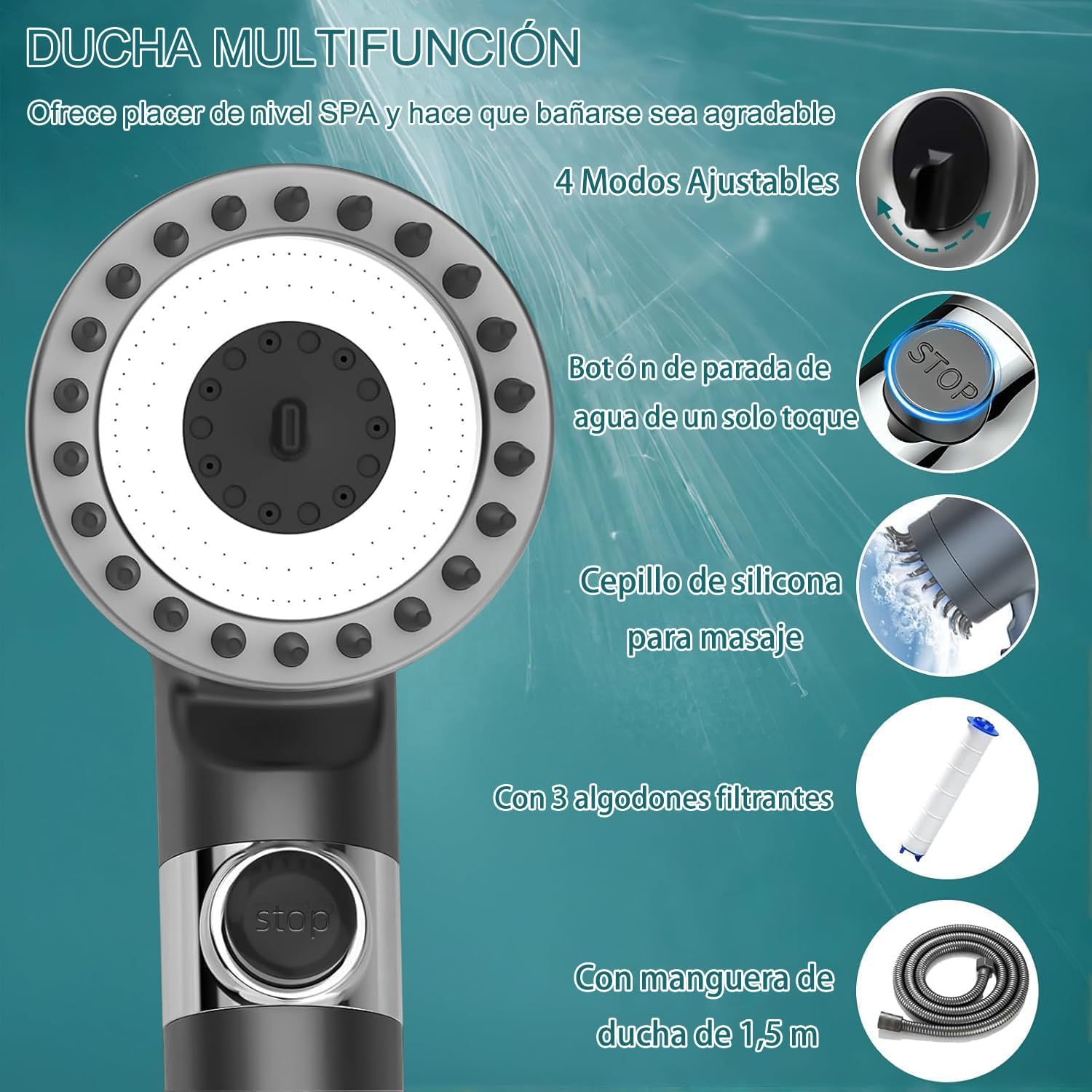 Alcachofa de Ducha con Filtro de 15 Pasos, cabezal ducha Antical con Manguera de 1.5M, Filtro Ducha 3 +1 Modos de Rociado filtro y botón de OFF/ON, Ideal para Aguas Duras y Limpieza del Baño Gris