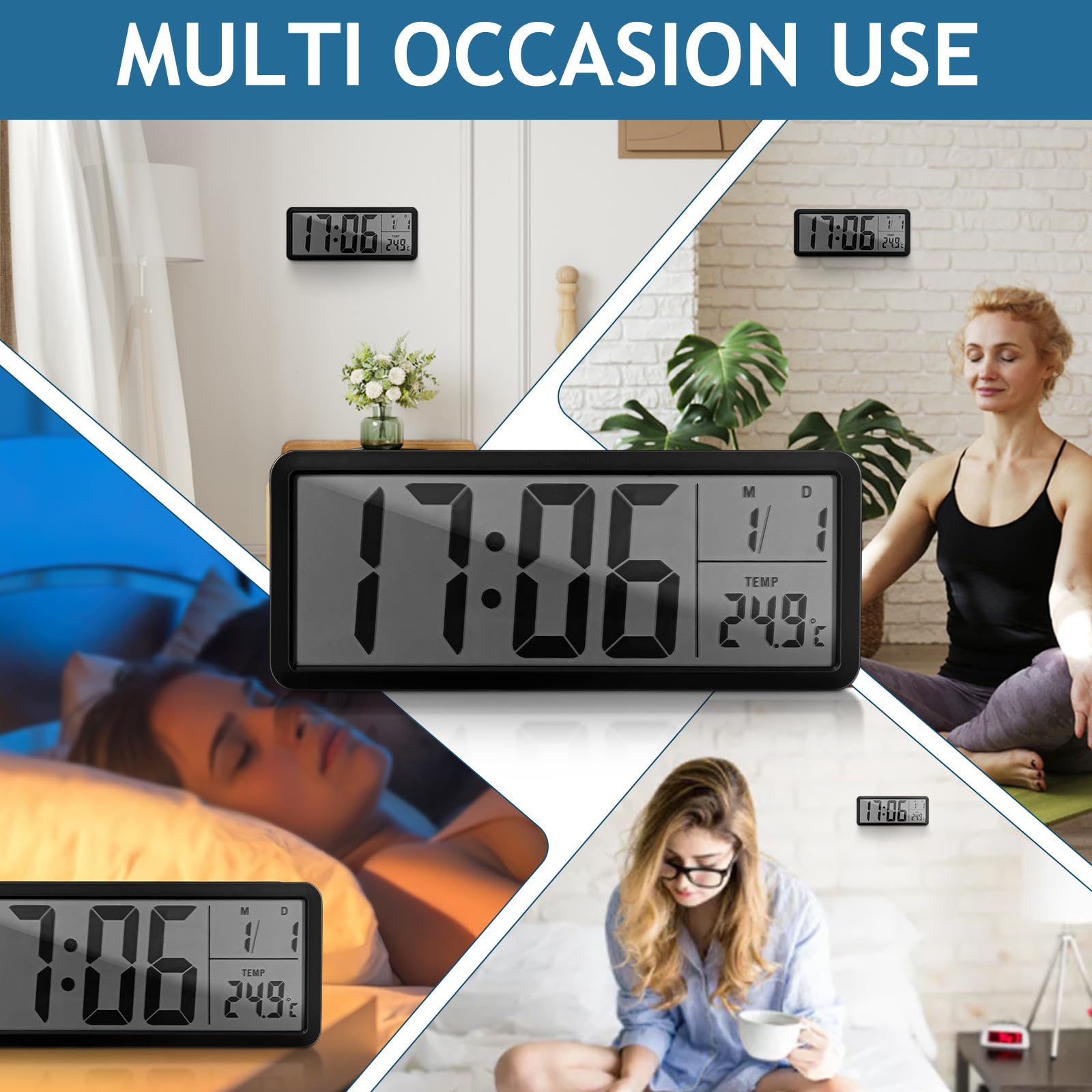 Healifty Digitale LED Wanduhr mit Thermometer und Datumsanzeige Schwarze Abs Wanduhr im Wanddesign für Wohnzimmer und Büro zur Echtzeitanzeige