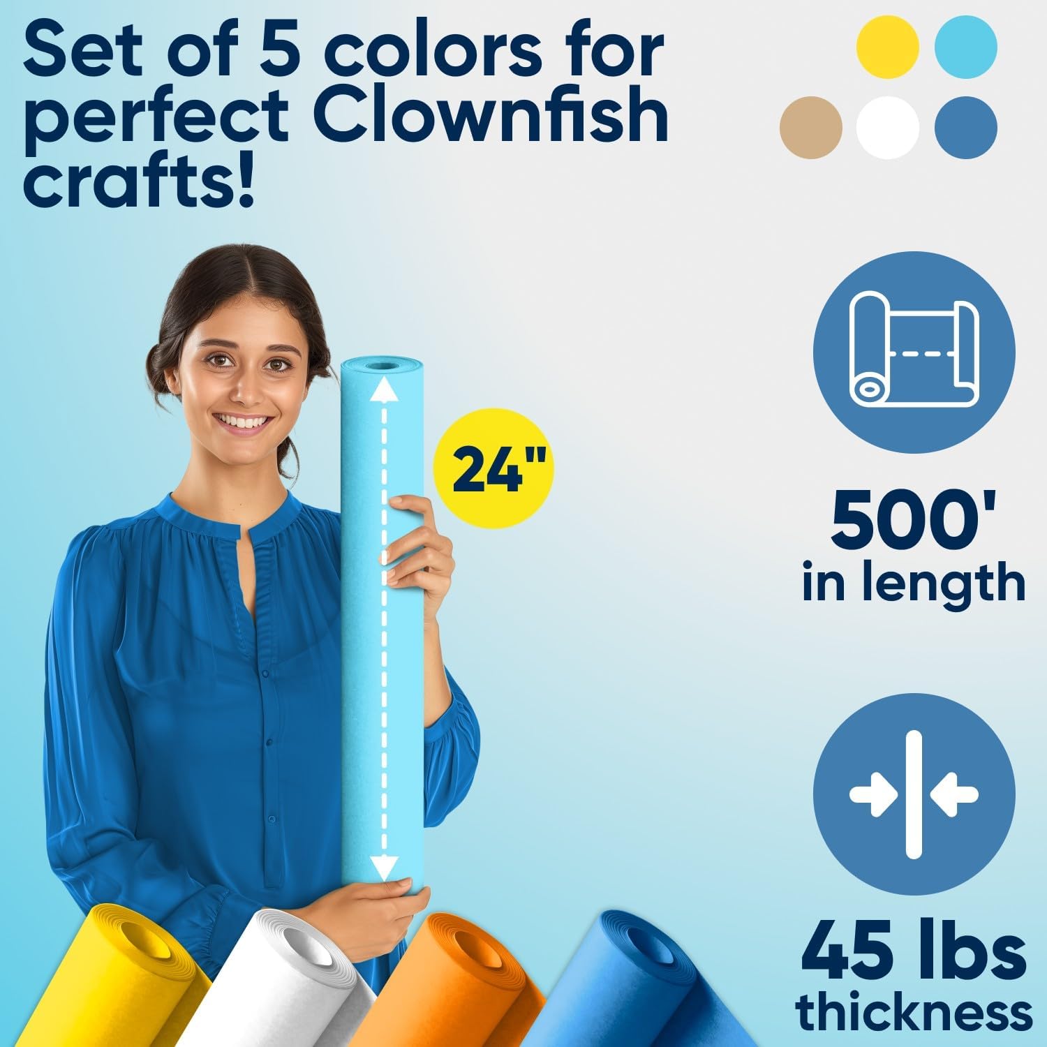 24" x 1200" (100 ft) Fish Kraft Paper Set, 45 Lbs - Light Blue, Orange, White, Dark Blue, Yellow Kraft Paper - Made in USA Color Paper for Arts and Crafts, Appliques for Kids, DIY, Origami