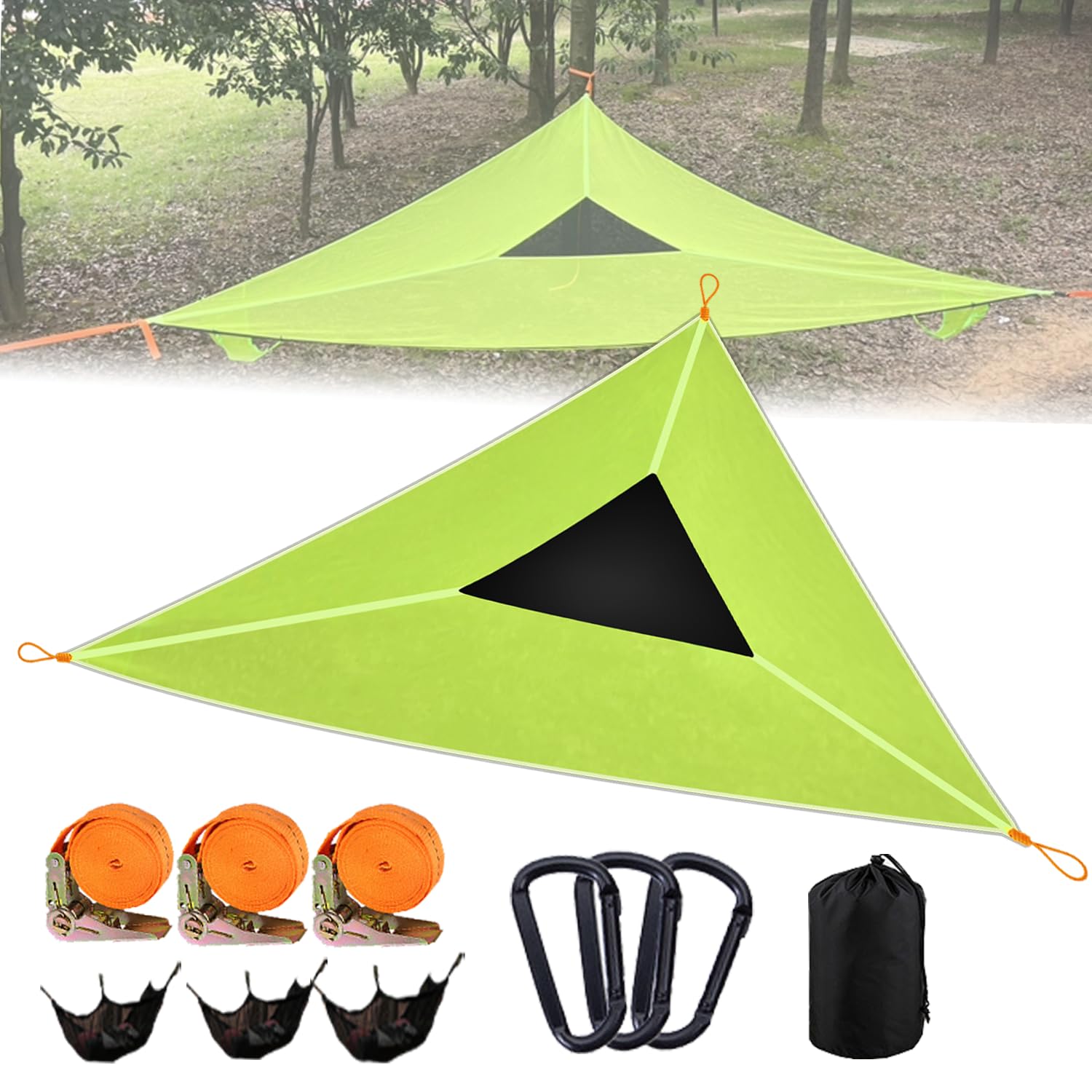 Triangle Hammock Multi Person 3 Point Tree Hammock, 13Ft Extra Large Sky Camping Hammock with 3 Ratchets/Straps/Net Pockets/Carabiners and Storage Bags, Max 800lbs for up to 3-5 Adults/Kids