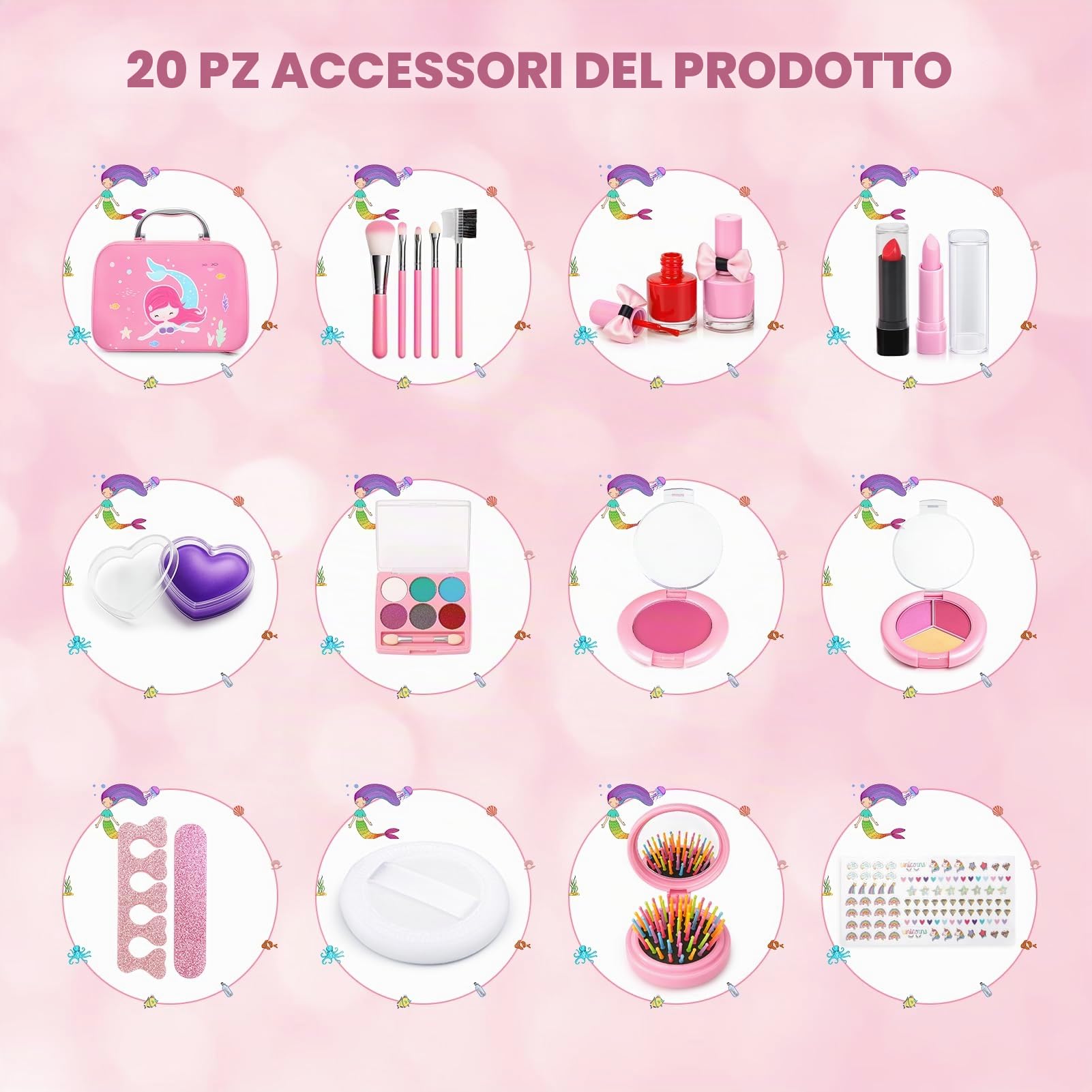 Dreamon Trucchi Bambina Set, 20 Pezzi Lavabile Set Di Valigetta Trucchi Bambina Mermaids Set, Gioco Trucco Ragazze 3+ Regalo Natale Compleanno