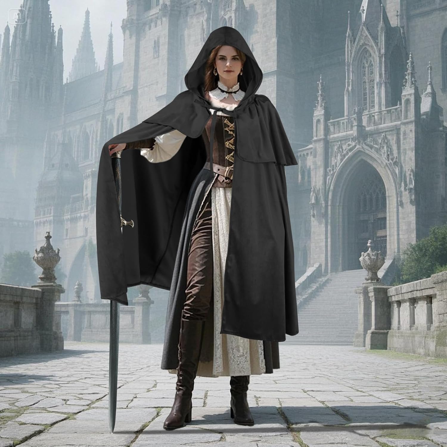 Renaissance Costumes Cloak with Hood Arm Holes Women Medieval Hooded Cape for Halloween Cosplay - Image 8