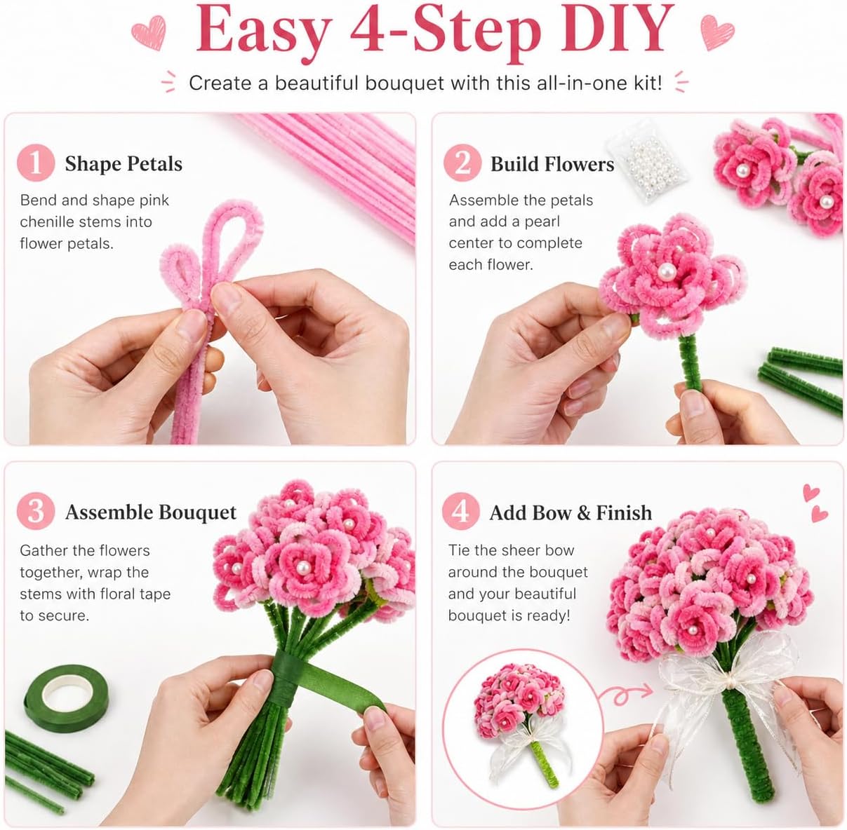 Cclzlczl DIY Pipe Cleaner Rose Bouquet Craft Kit with Chenille Stems, Floral Tape, Faux Pearls, Ribbons and Video Tutorial, Flower Making Set for Teens and Adults