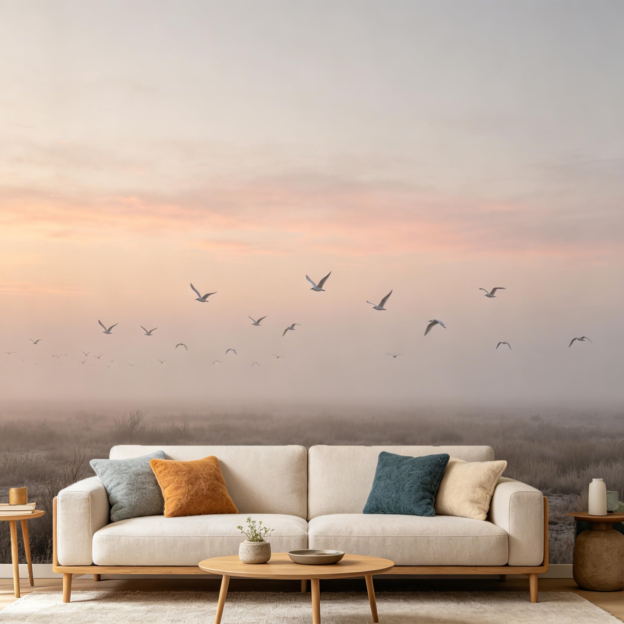 Custom Size Wall Mural Minimalist Landscape Flying Birds Sunrise Foggy Meadow SelfAdhesive Art Prints wall Fabric（No PVC） Removable Wallpaper Home Bedroom Decor