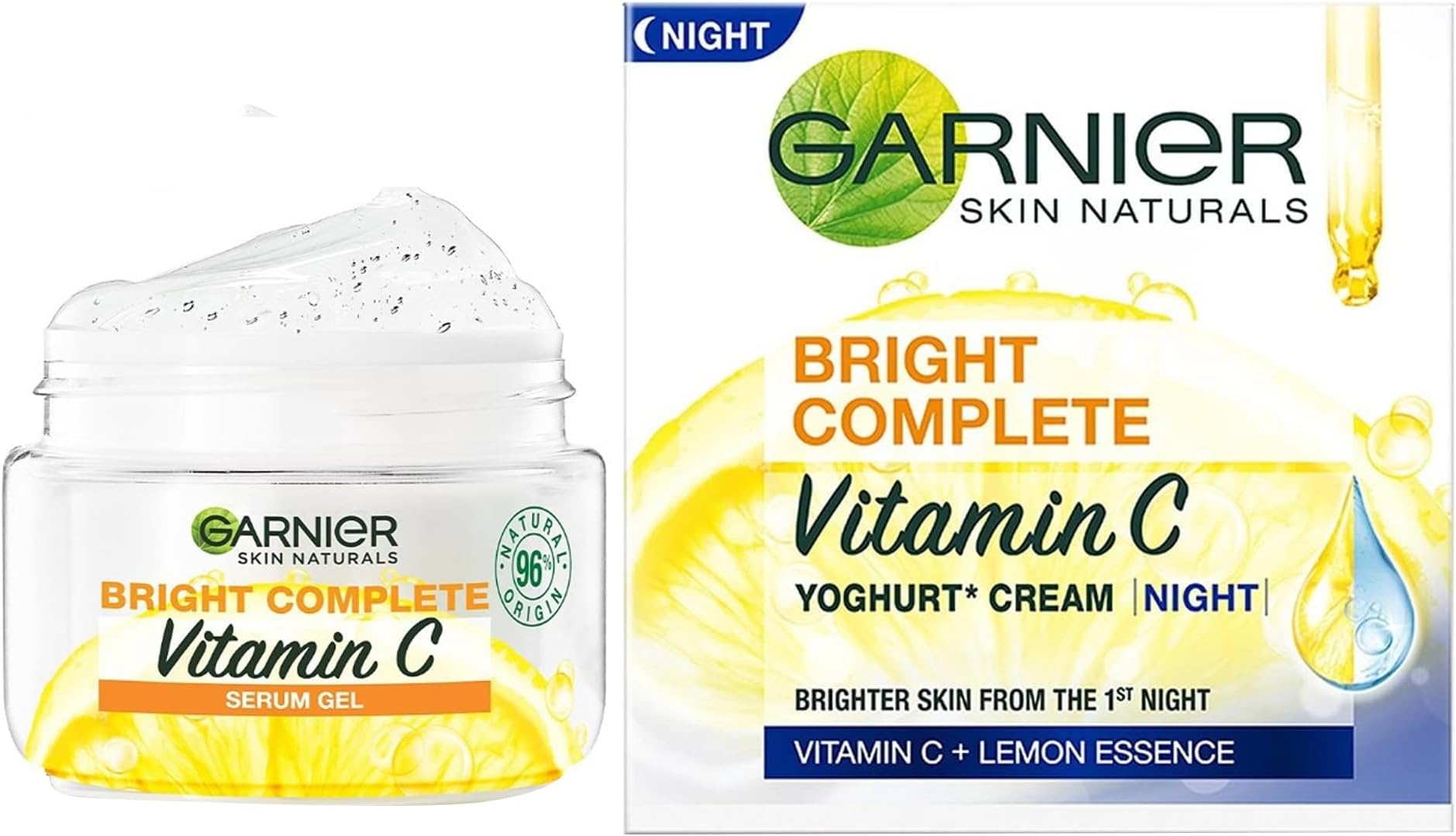 Skin Naturals, Night Cream, Anti-Dark Spots & Brightening, Bright Complete Vitamin C Yoghurt, 40 g & Garnier Brightening Moisturiser, Serum Gel, Infused with Vitamin C and Lemon, 45g