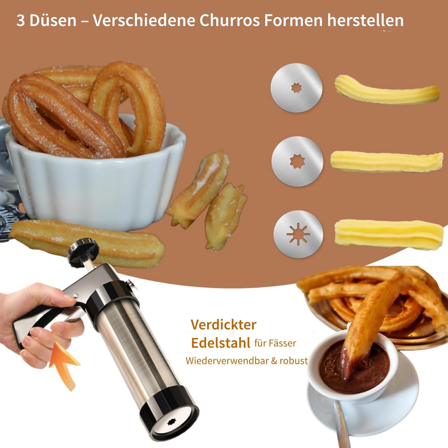 Churrera mit 3 Düsen in verschiedenen Formen, Churrens für Churros, Spritzbeutel mit Düsen für Verschiedene Dekorationen, Churros Maschine Ø 5,6 x 21 cm
