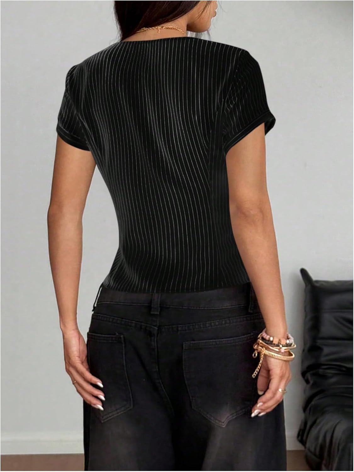 SOLY HUX Women's Short Sleeve Blouse Striped Metal Decor Button Front Casual Summer Tops - Image 2