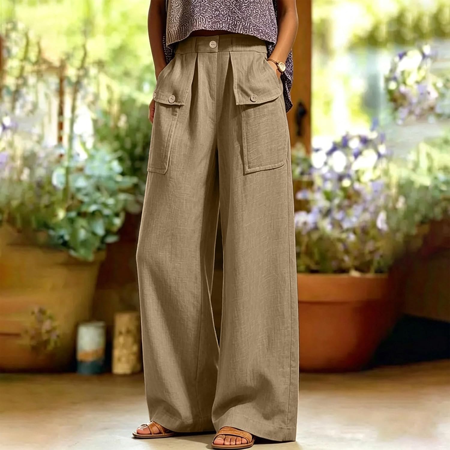 Women's High Waisted Linen Blend Wide Leg Pants with Button Pockets Casual Straight Leg Trousers for Work Office