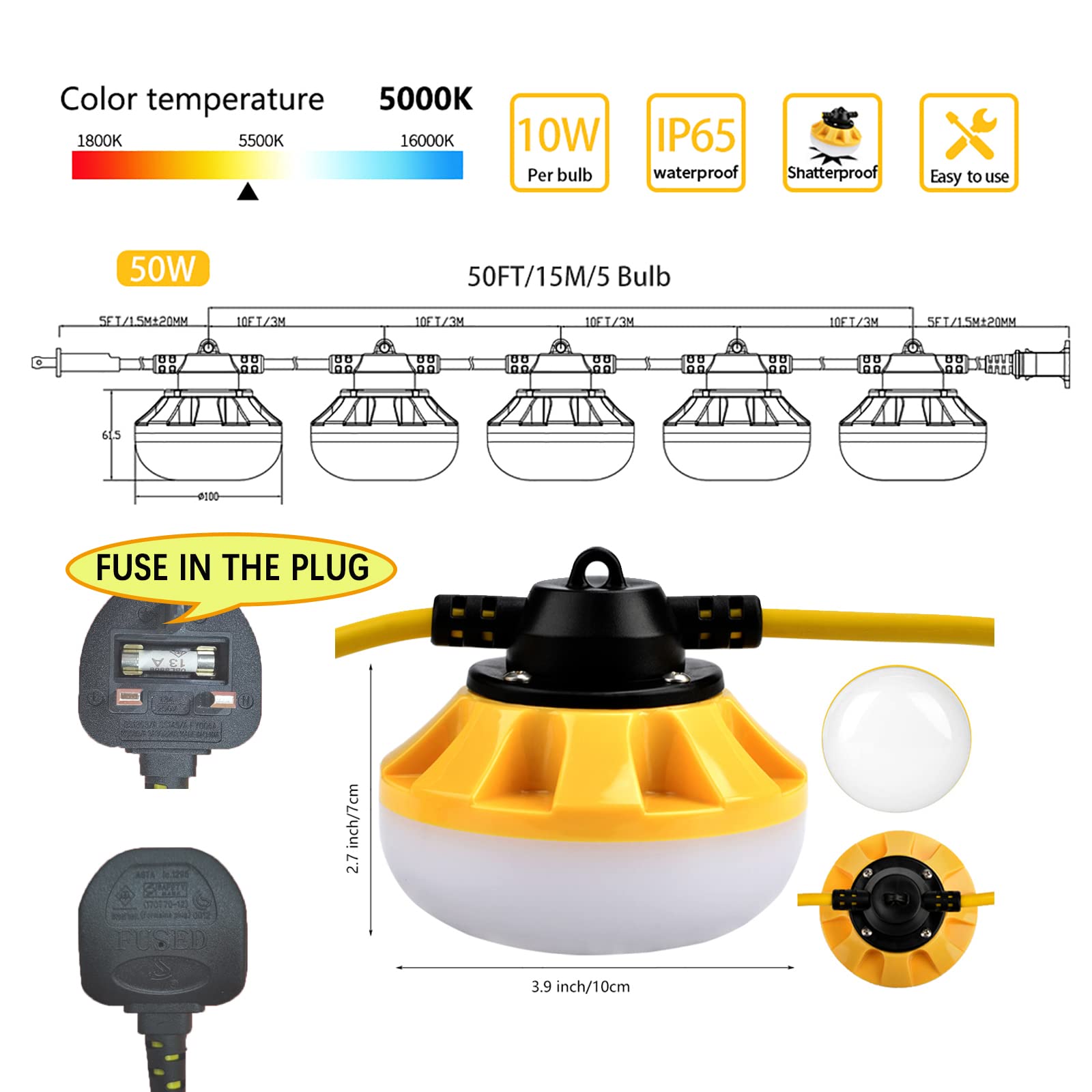 【Grado industriale】 Stringa di luci a LED da lavoro con gancio da arrampicata, luci di sicurezza alimentate da 50 W per giardino, cortile, garage, cantieri, ristrutturazione, passerelle