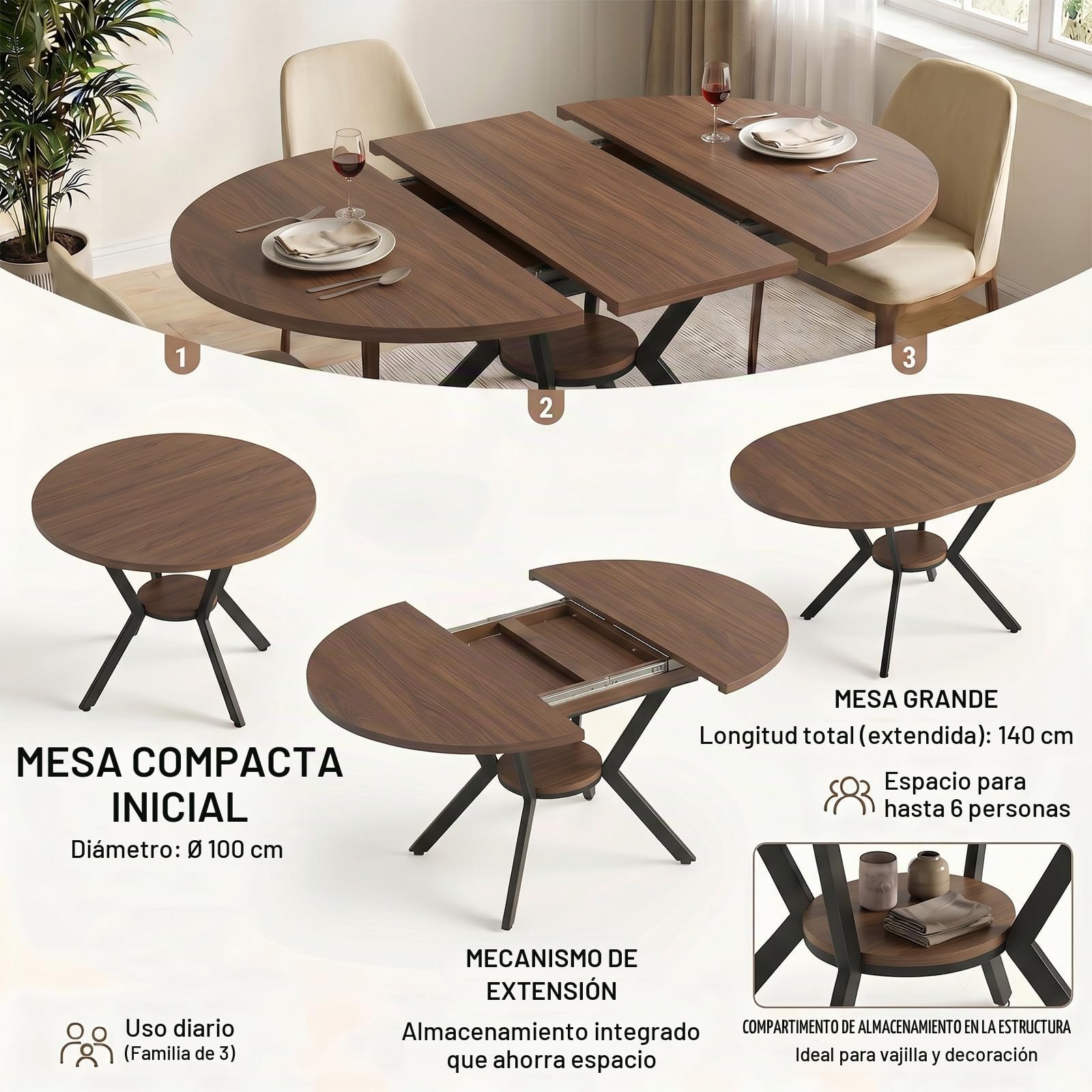 Mesa de comedor redonda extensible, 100 – 140 cm, redonda, mesa de cocina de madera, mesa de comedor ovalada con función telescópica, mesa de salón extensible con estantes abiertos para
