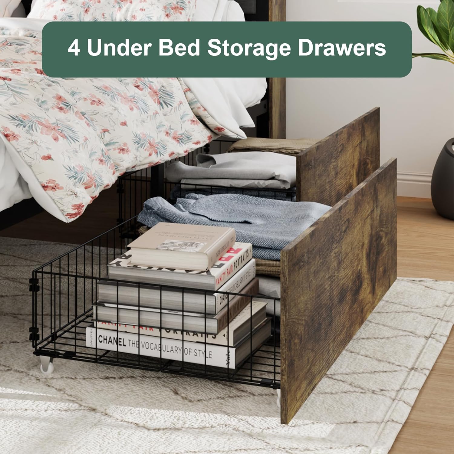 Queen Size Bed Frame with 6 Drawers, Upholstered Headboard Platform Bed with LED Lights & Charging Station, Stable & Solid, No Box Spring Needed, Dark Brown