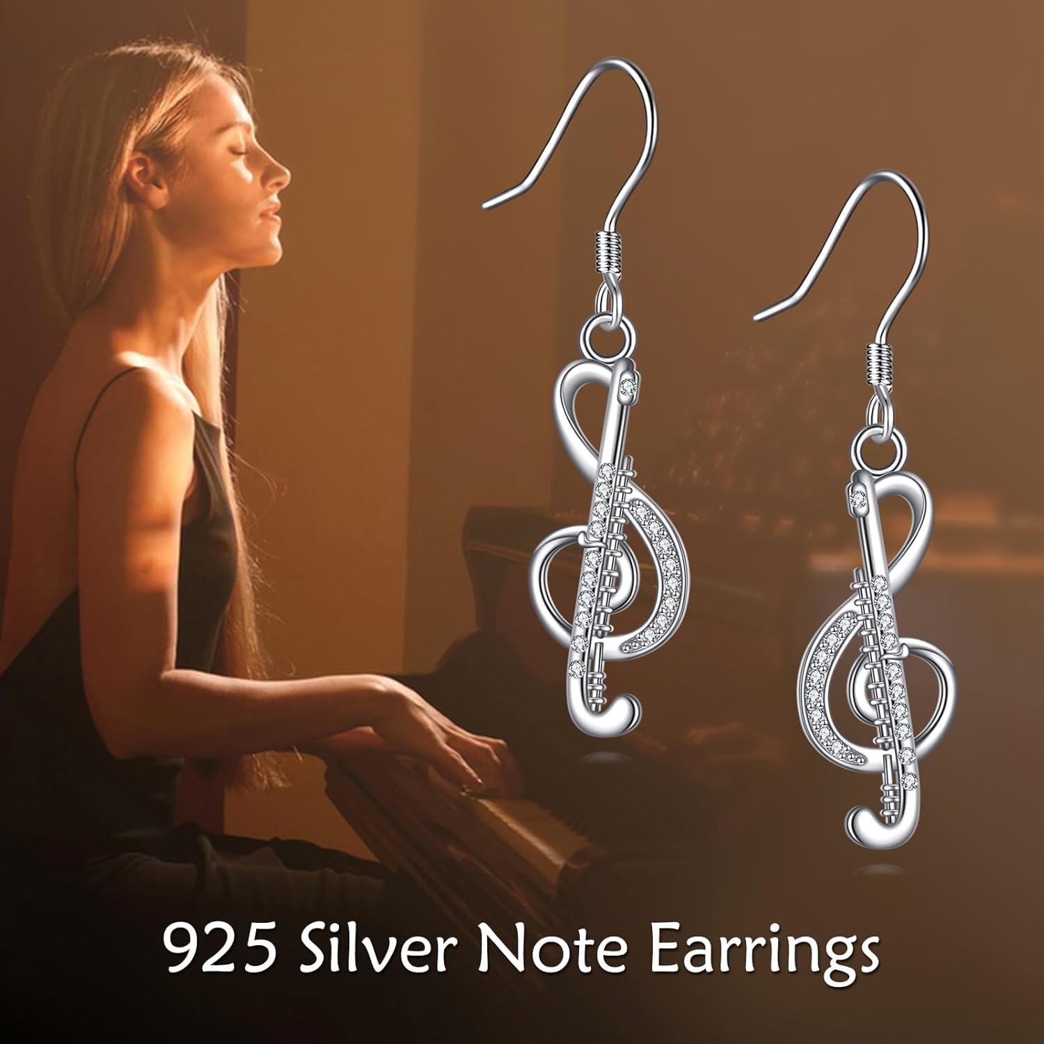 Sterling Silver Dangle Drop Earrings Flute Music Note Cubic Zirconia