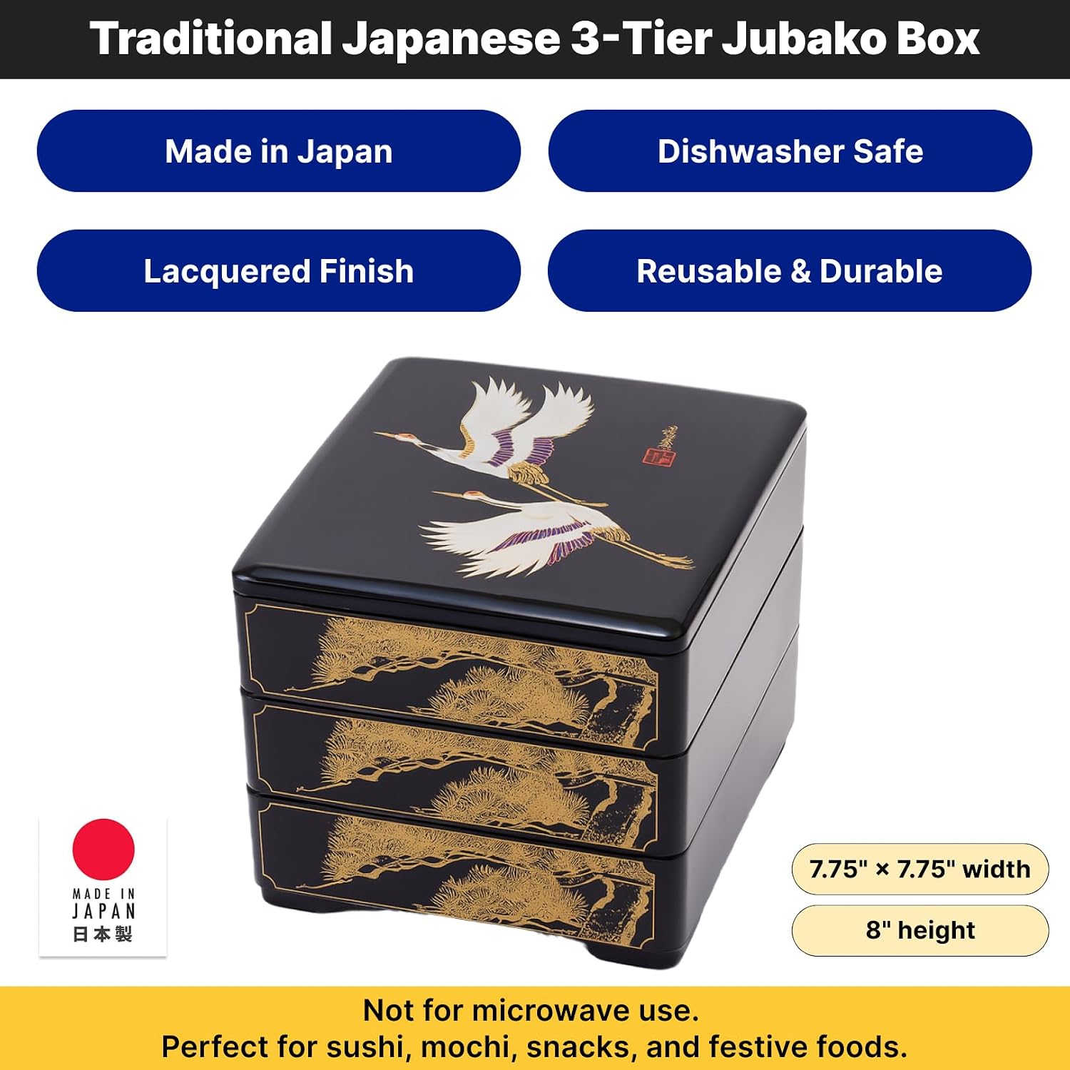 JapanBargain 4119, Jubako Box Japanese Traditional 3 Tiers Stack Box Food Candy Snack Container Bento Box Made in Japan, Plastic Lacquered, Black Crane, 1-Pack