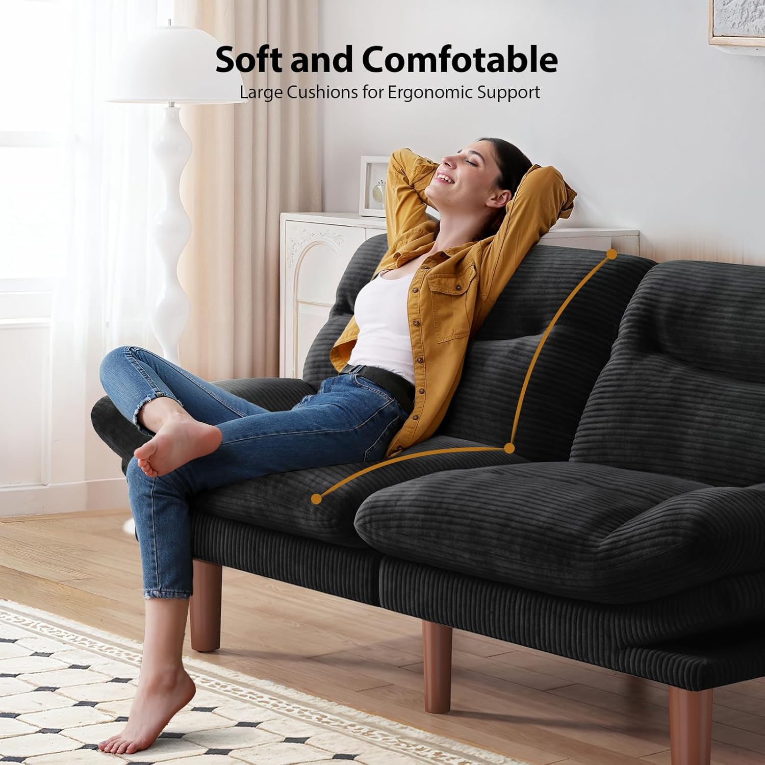 Pipishell Futon Sofa Bed, 66 Inch Corduroy Futon Couch Convertible with Adjustable Backrest and Armrests, Recliner Sleeper Sofa for Small Spaces, Living Room, Office, Guest Room (Black, 66 Inch)