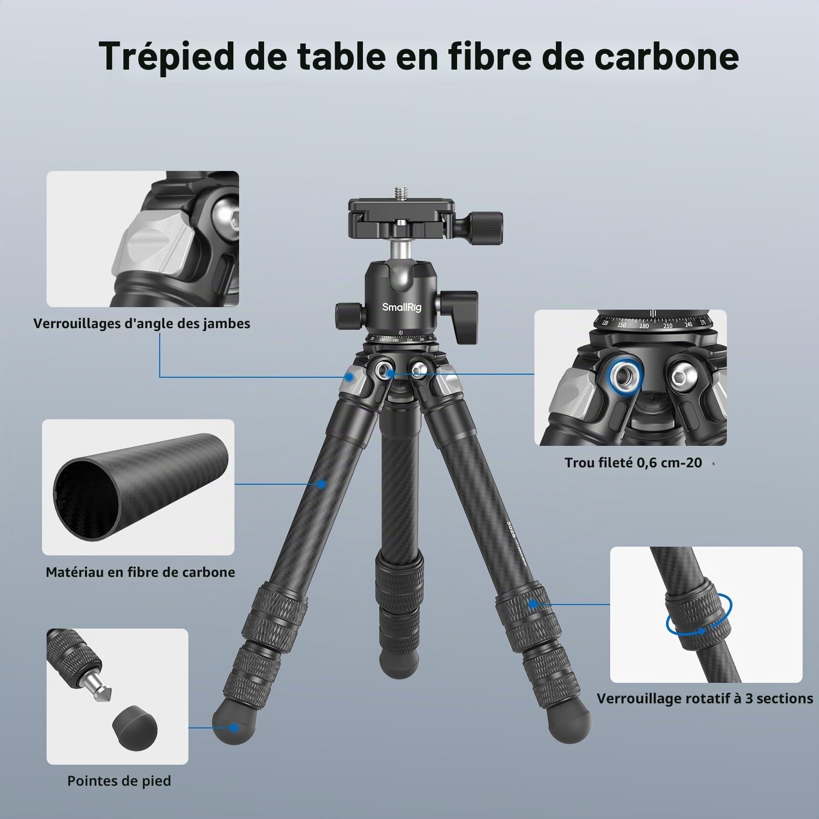 SMALLRIG Mini Trépied de Bureau en Fibre de Carbone pour Caméra, Trépied de Table de Poche Compact de 15,5'' / 39,5 cm avec rotule à 360°, Plaque QR intégrée pour Arca, capacité de la rotule 3 kg