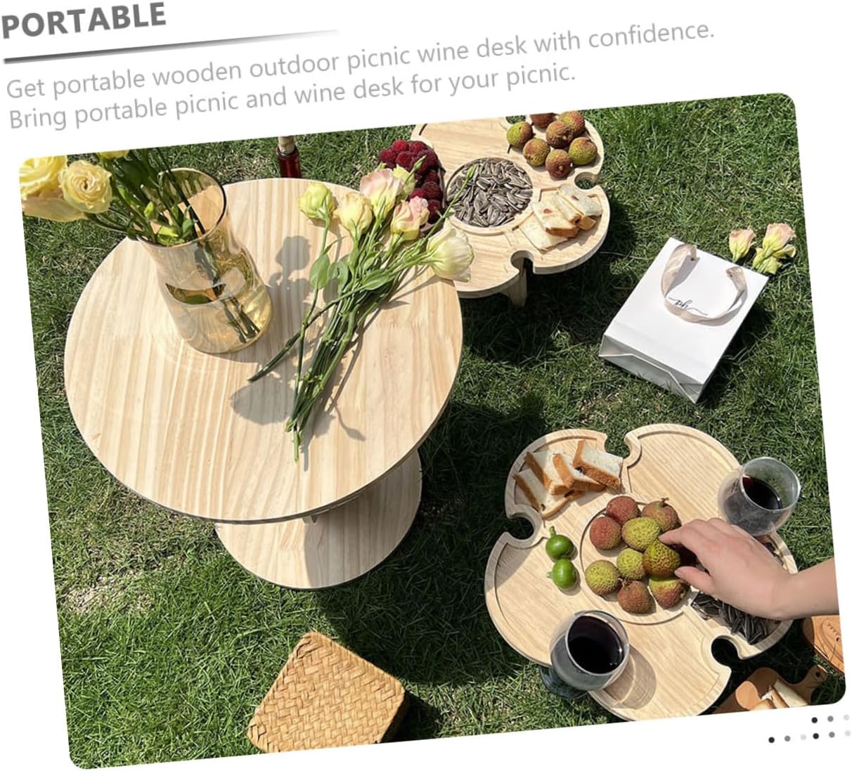 Portable Foldable Outdoor Wine Desk and Beach Picnic Table with Wooden Tray, 35cm Diameter, Lightweight Beverage Holder for Camping and Travel