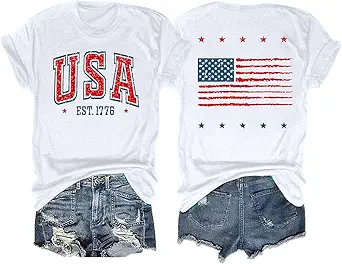 American Flag Patriotic Shirts Women USA 4th of July T-Shirt Red White Blue Graphic Short Sleeve Tee