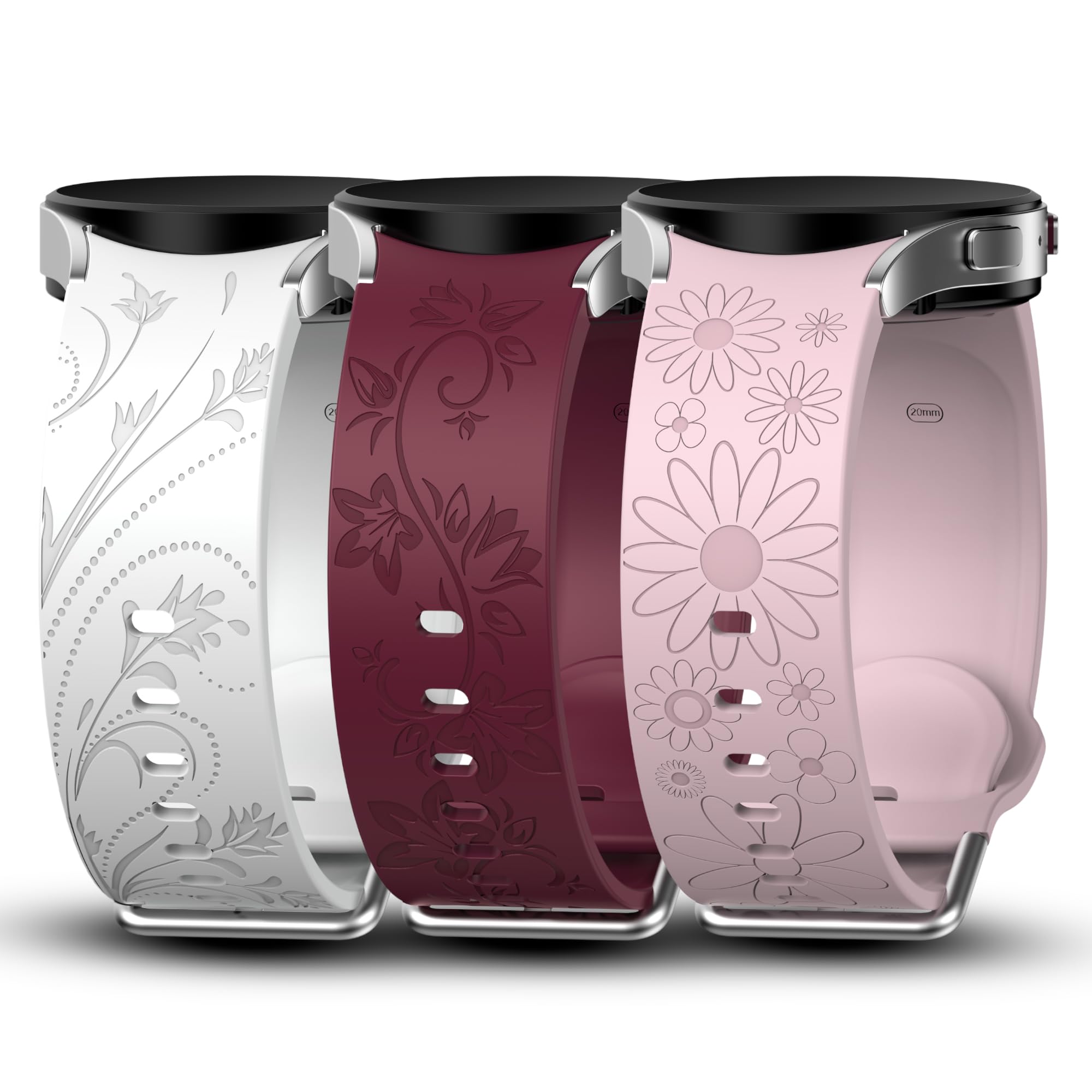 3 Pack No Gap Floral Engraved Bands Compatible with Samsung Galaxy Watch FE 6 5 4 40mm 44mm/ Watch 5 Pro 45mm/Galaxy Watch 6 4 Classic 47mm 43mm 46mm 42mm, 20mm Soft Silicone Watch Strap for Women
