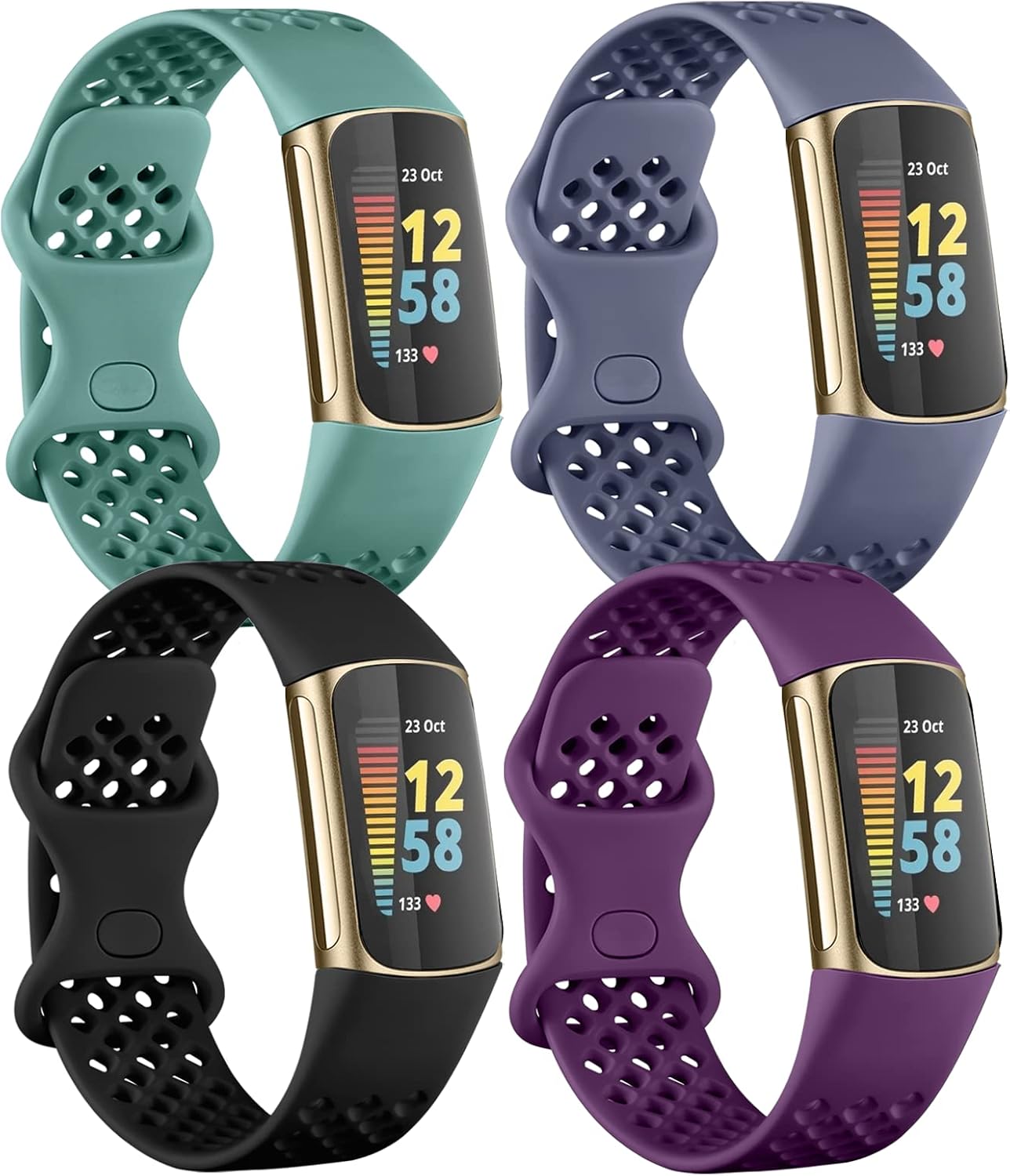 Laffav Compatible with Fitbit Charge 5 Bands for Men Women, Flexible Soft Silicone Wristbands Breathable Sport Replacement Strap with Air Holes for Fitbit Charge 5 Fitness Tracker, 4-Pack