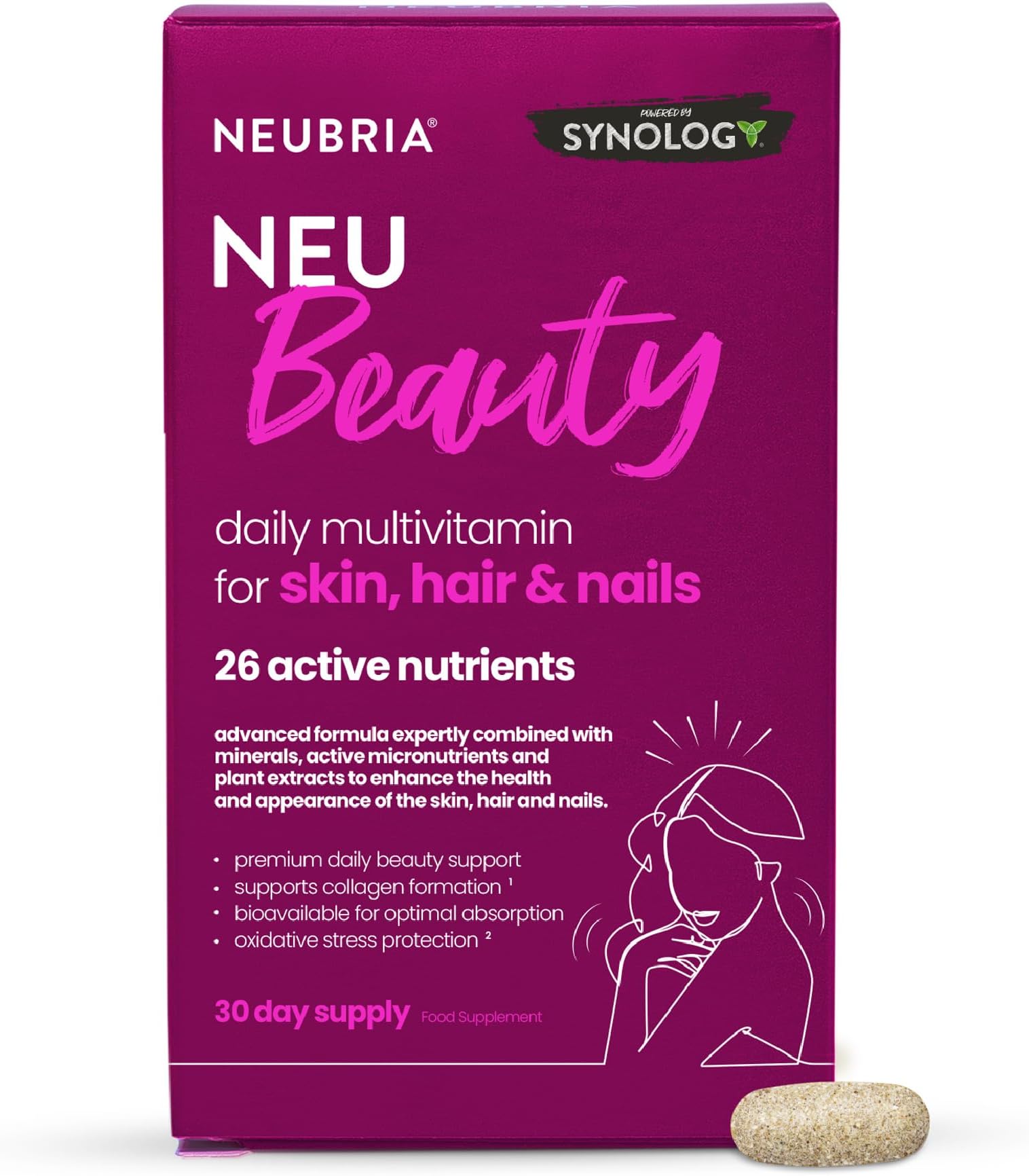 NEU Beauty Multivitamin & Collagen Skin, Hair & Nails Supplement – Botanicals, Biotin, Niacin, Zinc, Selenium, Copper & Antioxidants – Beauty & Wellness Blend – UK Made, 30 Tablets