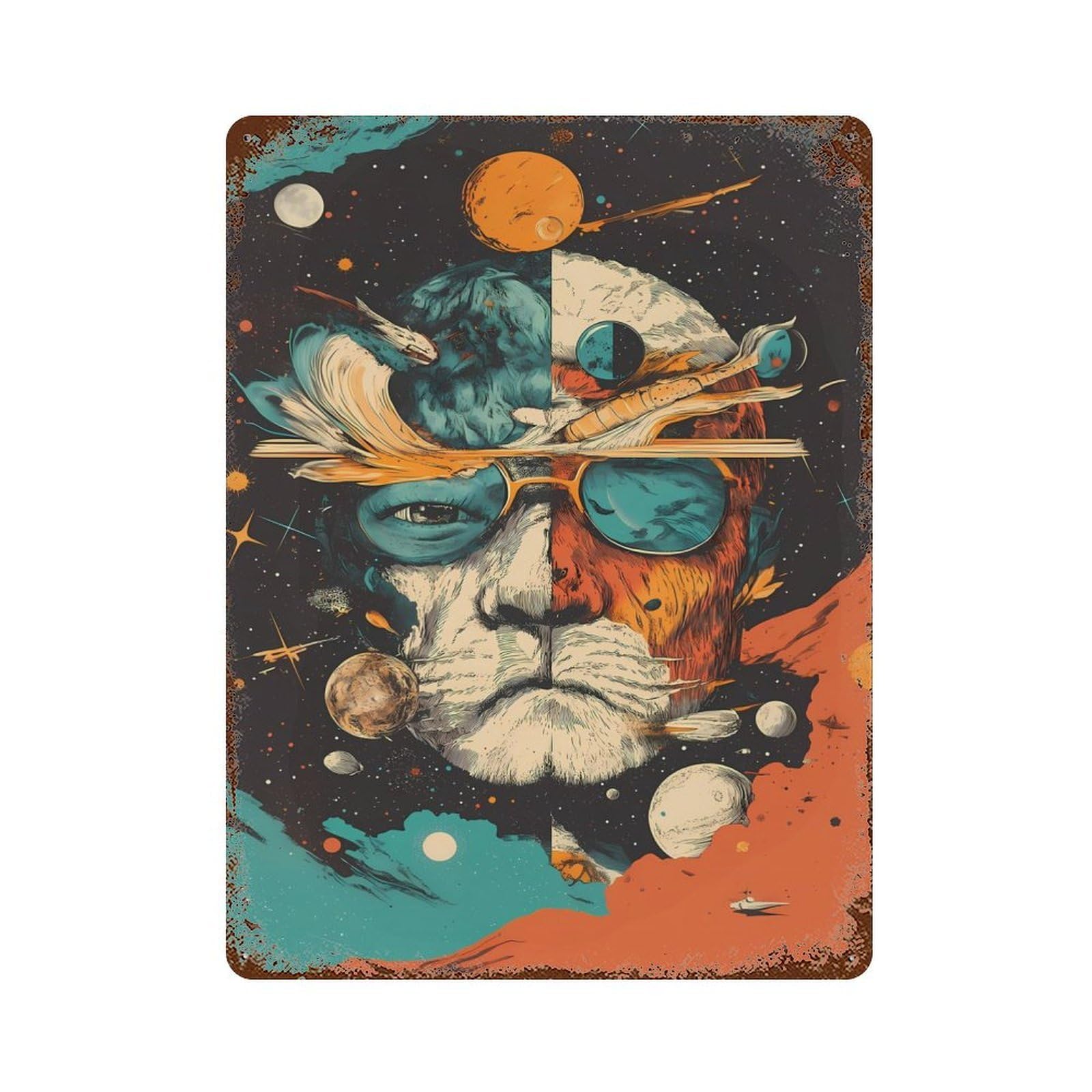 Distressed Metal Wall Sign with Cosmic Lion Abstract Space Design 15.7"x11.8", for Living Room, Hallway And Home Decor, Vintage Wall Decor