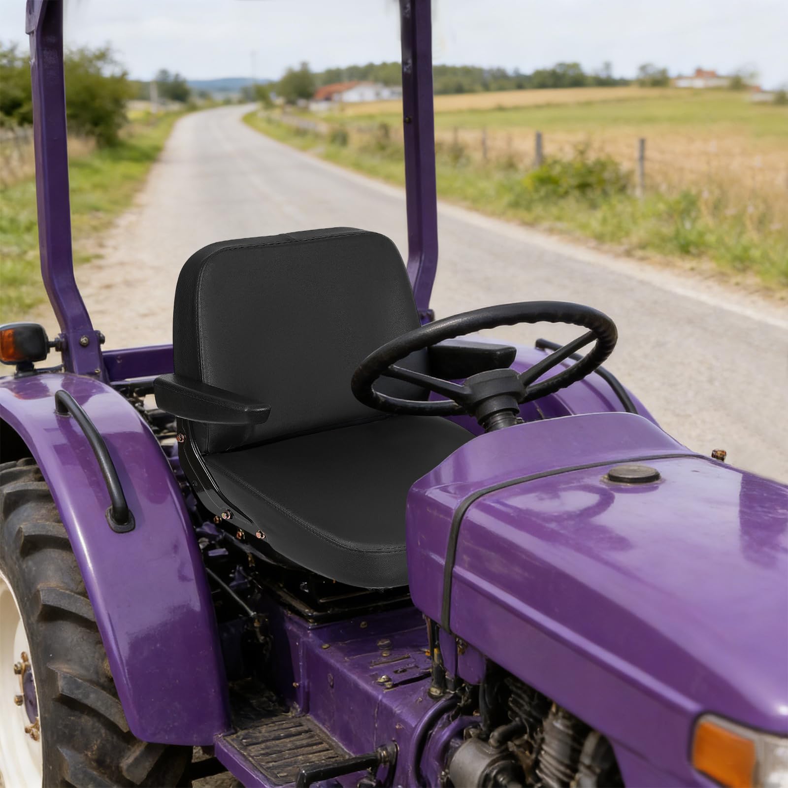Asiento de tractor universal con reposabrazos, asiento de remolque ajustable, asiento de conductor de cuero de PVC para tractores, cortacésped, carretillas elevadoras, excavadoras - negro