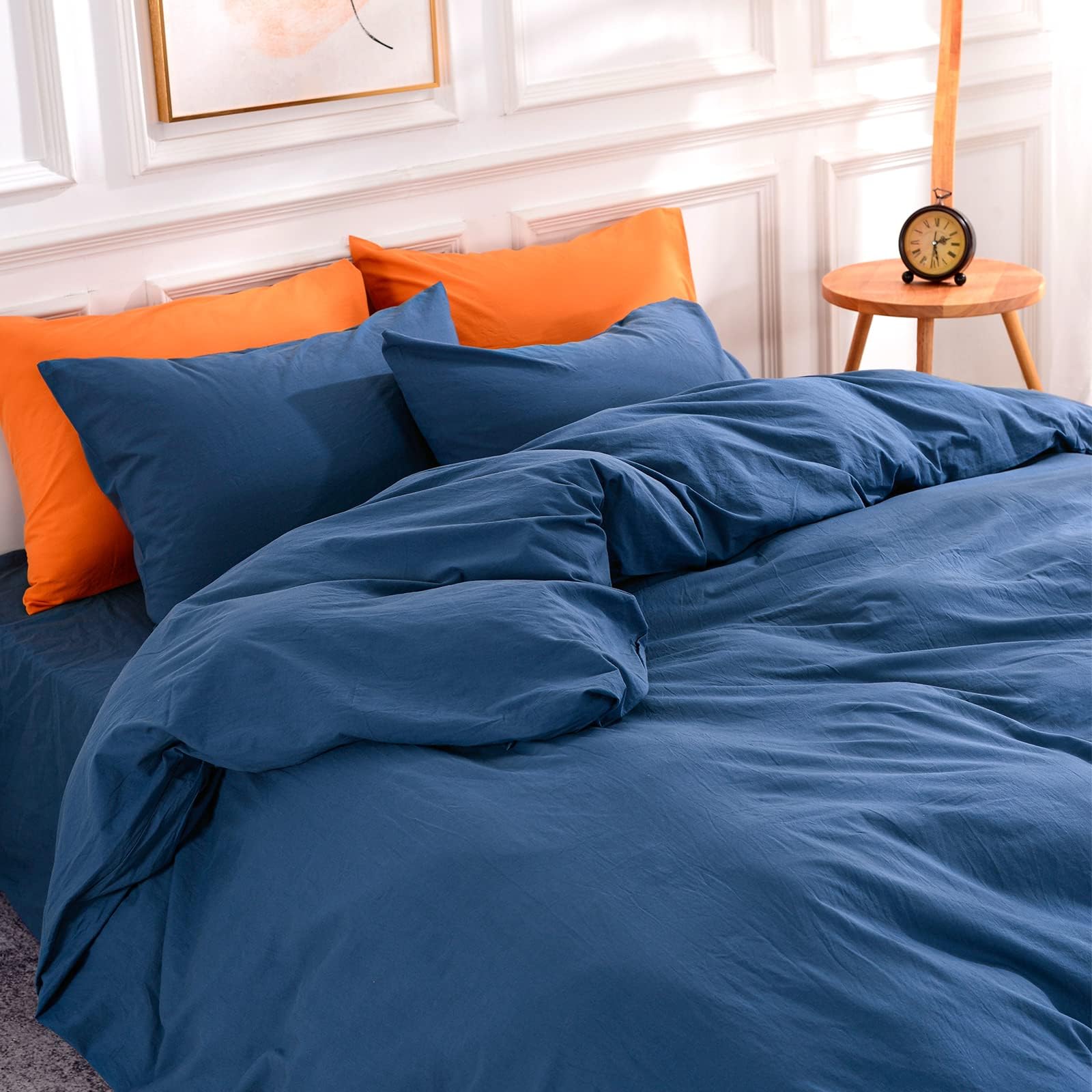 NEXHOME PRO 100% Washed Cotton Duvet Cover Super King 108"x98", Organic Natural Linen Look Textured 3 Pieces Bedding Set Royal Navy Klein Blue Breathable (No Comforter)