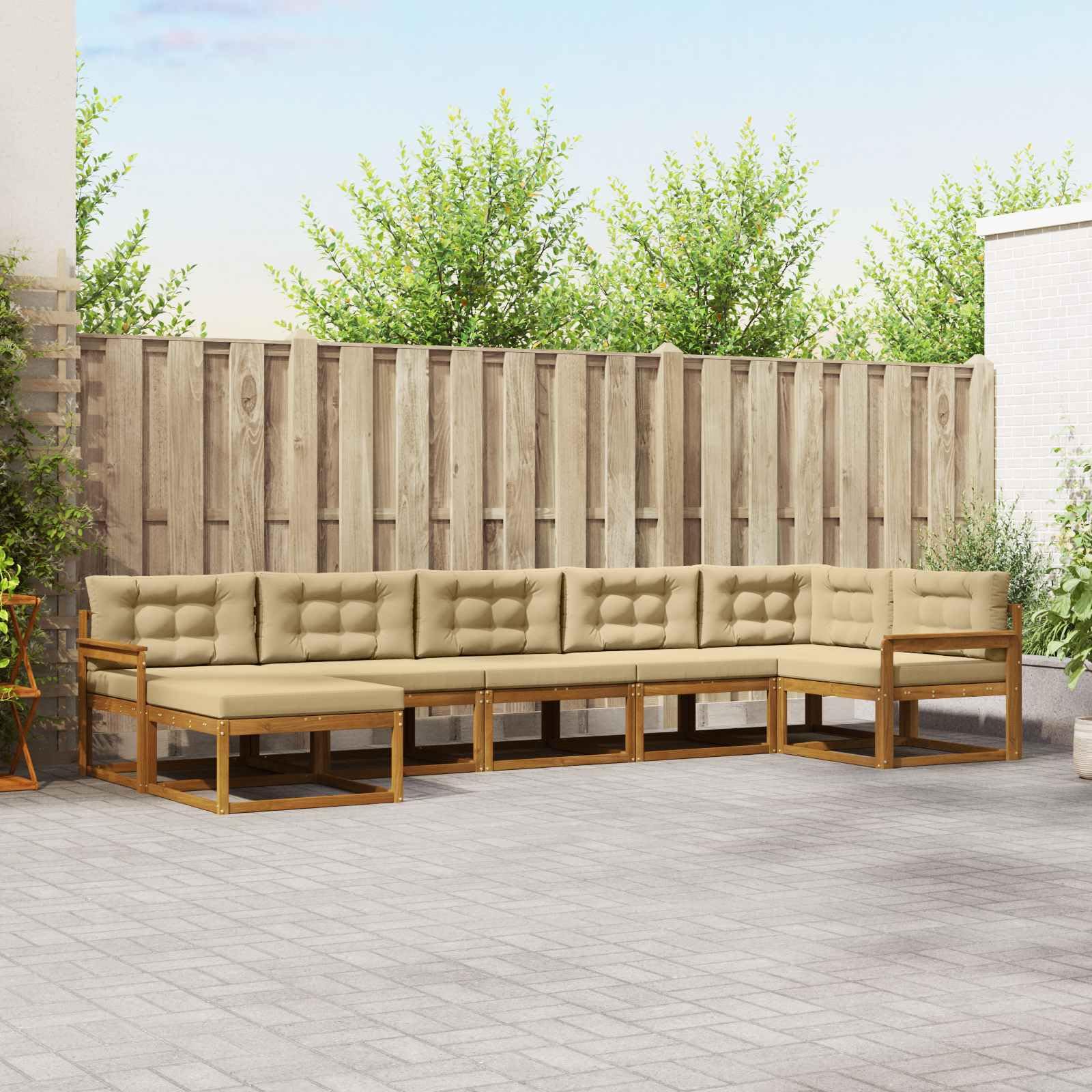 Outdoor-Sofagarnitur mit Kissen 7-TLG Natur Beige, Akazienholz Lattenrahmen Sofa Gartenmöbel Set für Terrasse