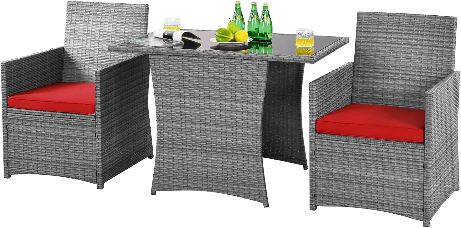 HAPPYGRILL 3 Piece Patio Furniture Set, Outdoor PE Rattan Wicker Bistro Set with Washable Cushions & Tempered Glass Table, for Backyard Porch Garden Balcony Poolside
