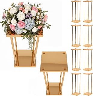 Gold Wedding Flower Stand 10Pcs With Plates 23.62in Rectangular | for Party Events Home Centerpieces Vase Rack Iron Build European Style Full Moon Graduation Housewarming