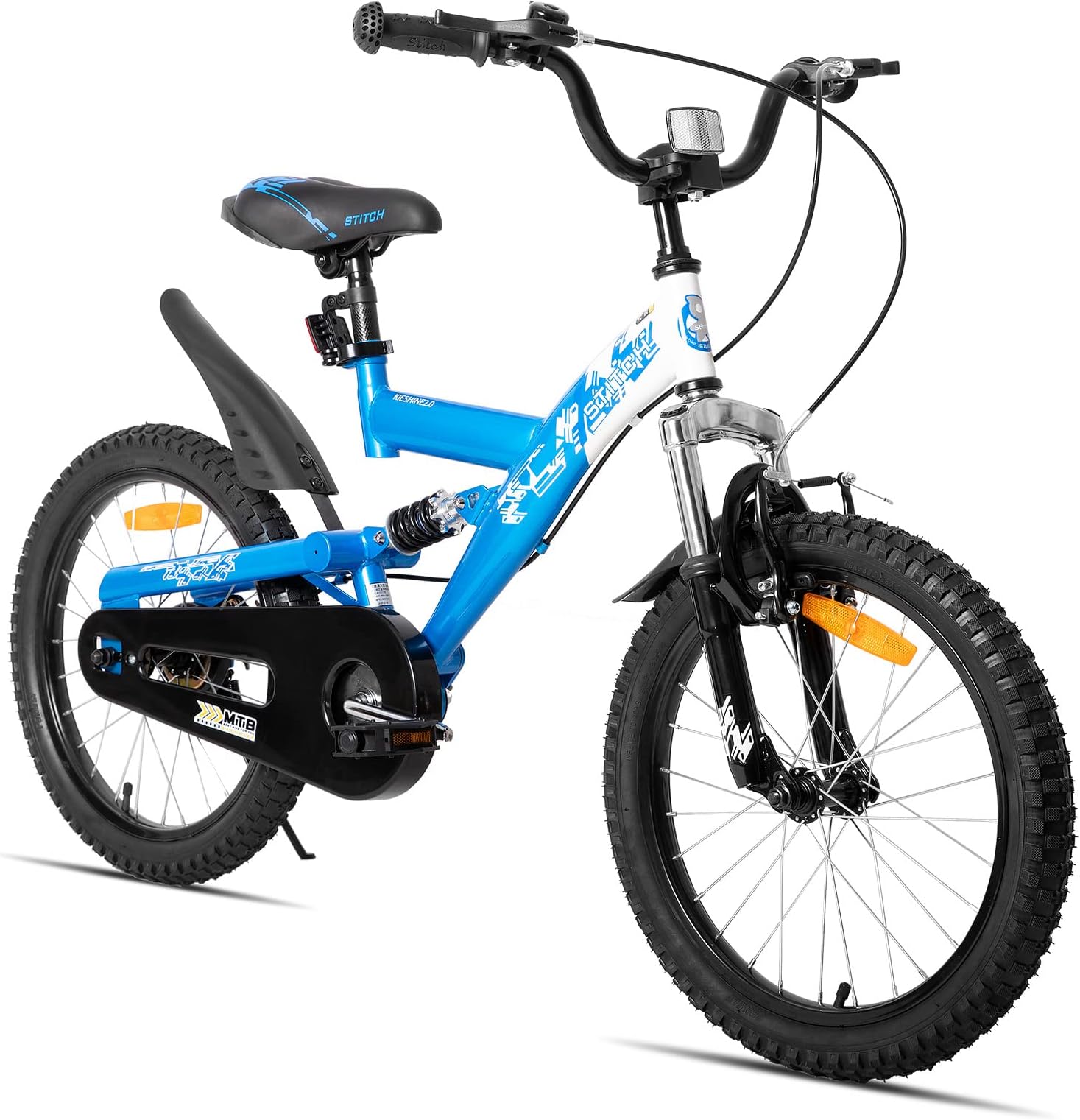 JOYSTAR Contender 16 Inch Full Dual-Suspension Mountain Bike for Kids Featuring 15-Inch/Small Steel Frame and 1-Speed Drivetrain with 18-Inch Wheels Kickstand Included Blue