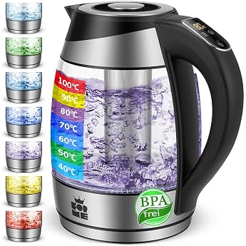 FOR ME Glass Electric Kettle with Tea Strainer 1.8 L Temperature Setting Temperature Selection 40  C to 100  C 7 Colours LED Lighting Keep Warm Function BPA Free