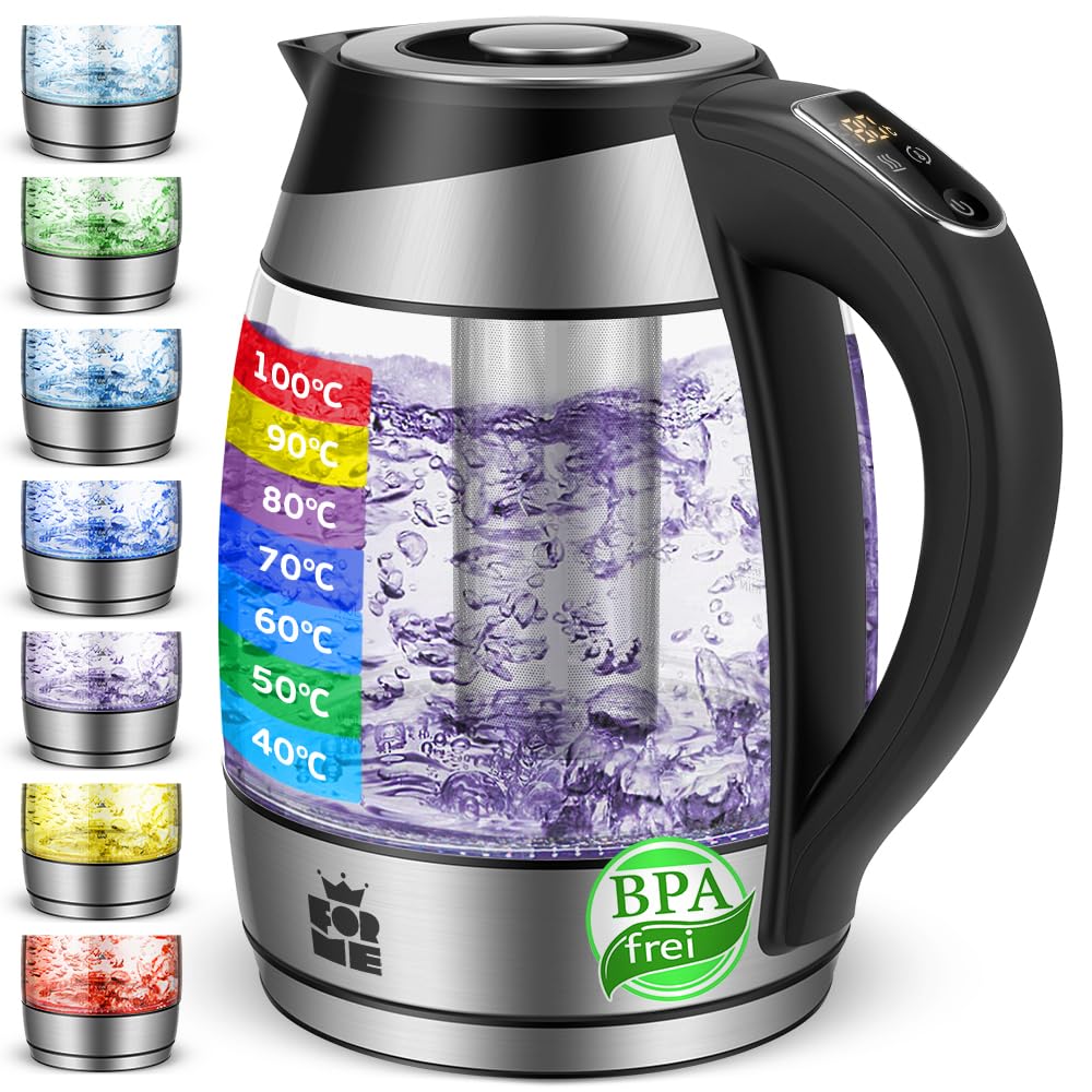 FOR ME Glas Elektrischer Wasserkocher 1,8L, Temperatureinstellung, Temperaturwahl 40°C bis 100°C, 7 Farben LED-Beleuchtung, Warmhaltefunktion, BPA Frei