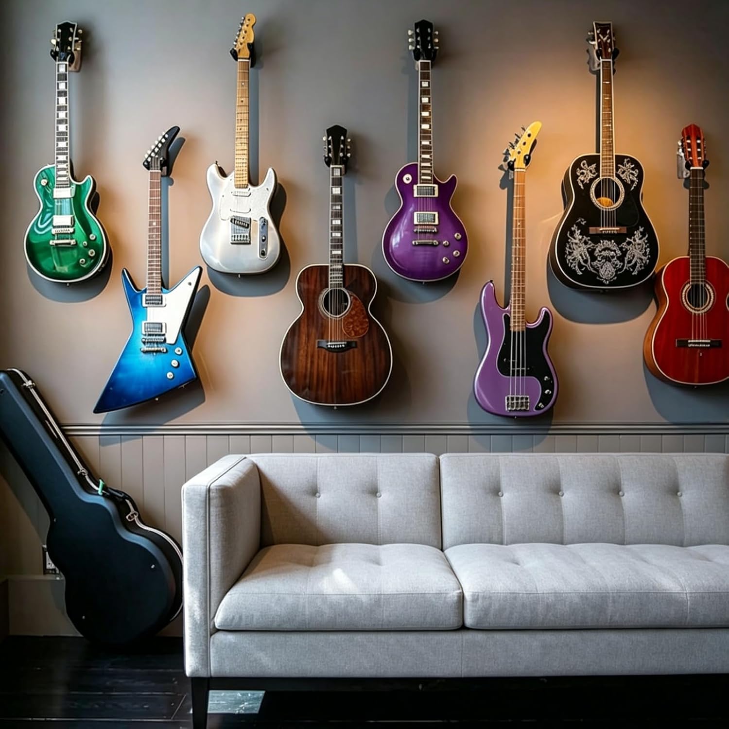 Guitar Wall Mount 4 Pack Guitar Hanger with Rotatable Soft Guitar Wall Hangers for All Size Guitars U-Shaped Guitar Hook for Acoustic, Electric Guitar, Ukulele, Bass, Black Walnut