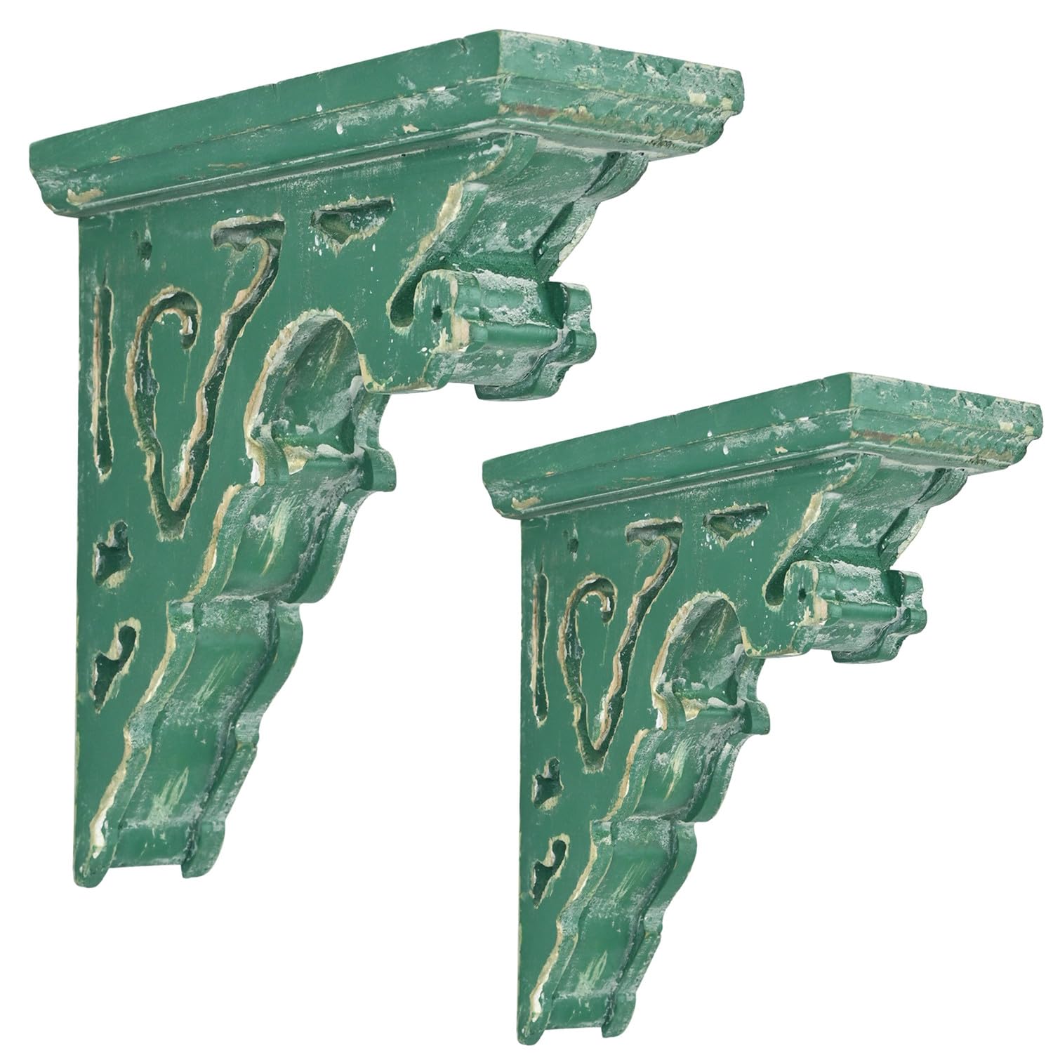 BIG FORTUNE Set of 2 Corbels for Shelves Wood Corbels Decorative L7.2 X W3.1 x H7.8 Shelf Brackets Wooden Vintage Shelf Farmhouse Decor White Floating Wall Shelf Long (Green Set of 2)