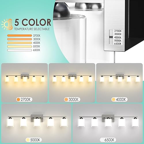 Miniatura 168 de Quntis Lámparas de baño negras de 4 luces con 5 modos de color, lámpara de tocador moderna regulable de 27 pulgadas sobre espejo, lámpara de pared