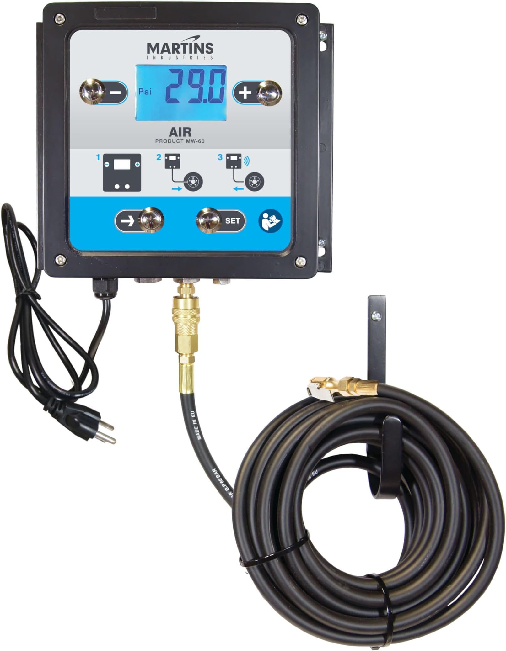 Martins Automatic Tire Inflator Deflator MW-60, 145 psi, Wall-Mounted Unit with 25’ Air Hose, Overpressure System (OPS), LCD Screen & Backlight