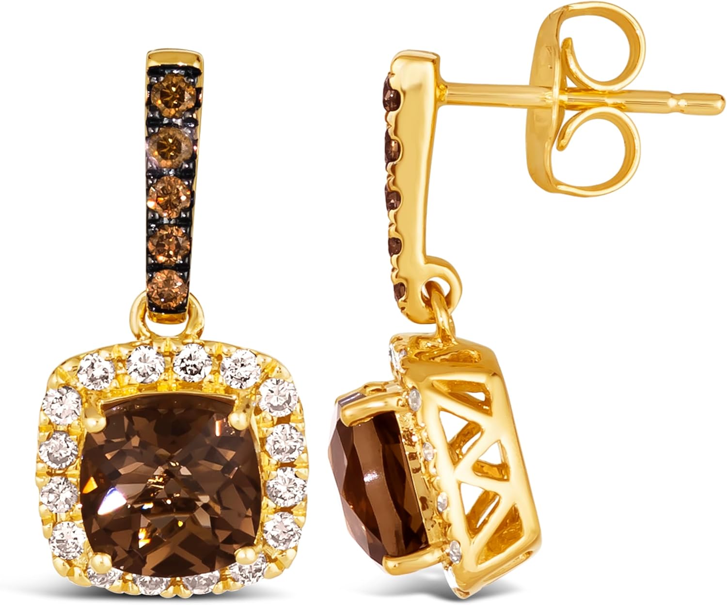 Le Vian 2/5 Carat Vanilla and Chocolate Diamond Earrings for Women | 14k Yellow Gold Drop Earrings for Her w 1 3/4 Carat Cushion Cut Smoky Quartz Halo Design (White/Brown, 0.41 Cttw) Secure Push Back
