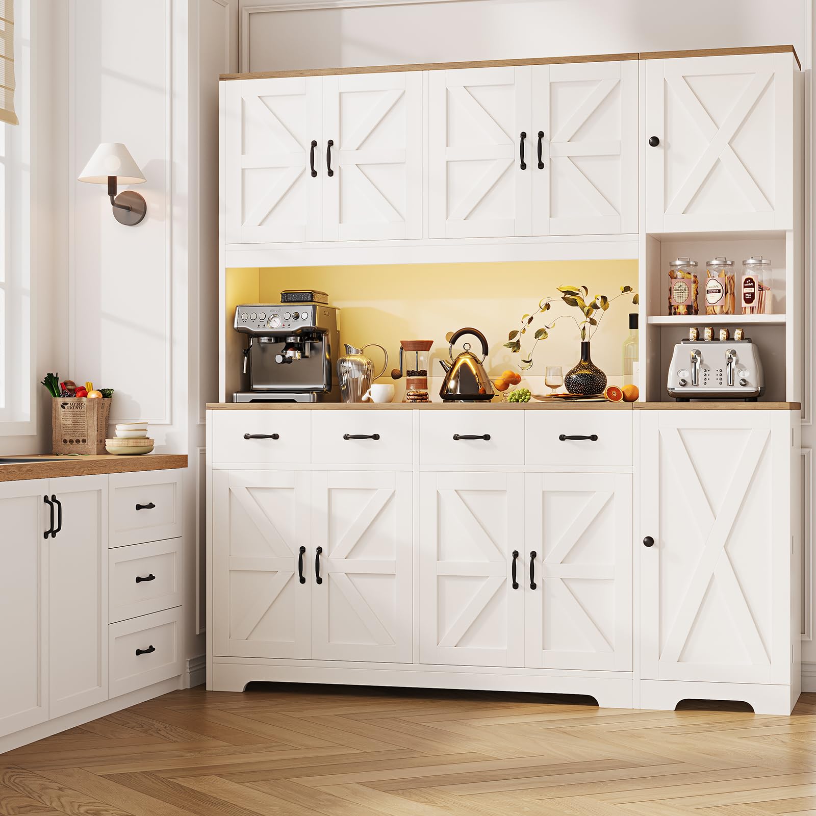 FUSOU Küchenschrank 180 cm LED Ladestation 4 Schubladen 6 Fächer – Vorratsschrank Landhausstil, Küchenschrank mit Arbeitsplatte Esszimmer verstellbare Böden Weiß