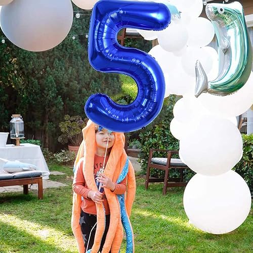 Miniatura 4 de TONIFUL Globo azul marino número 5 de 40 pulgadas de Mylar de gran tamaño azul oscuro digital cinco globo para fiesta de cumpleaños, despedida de