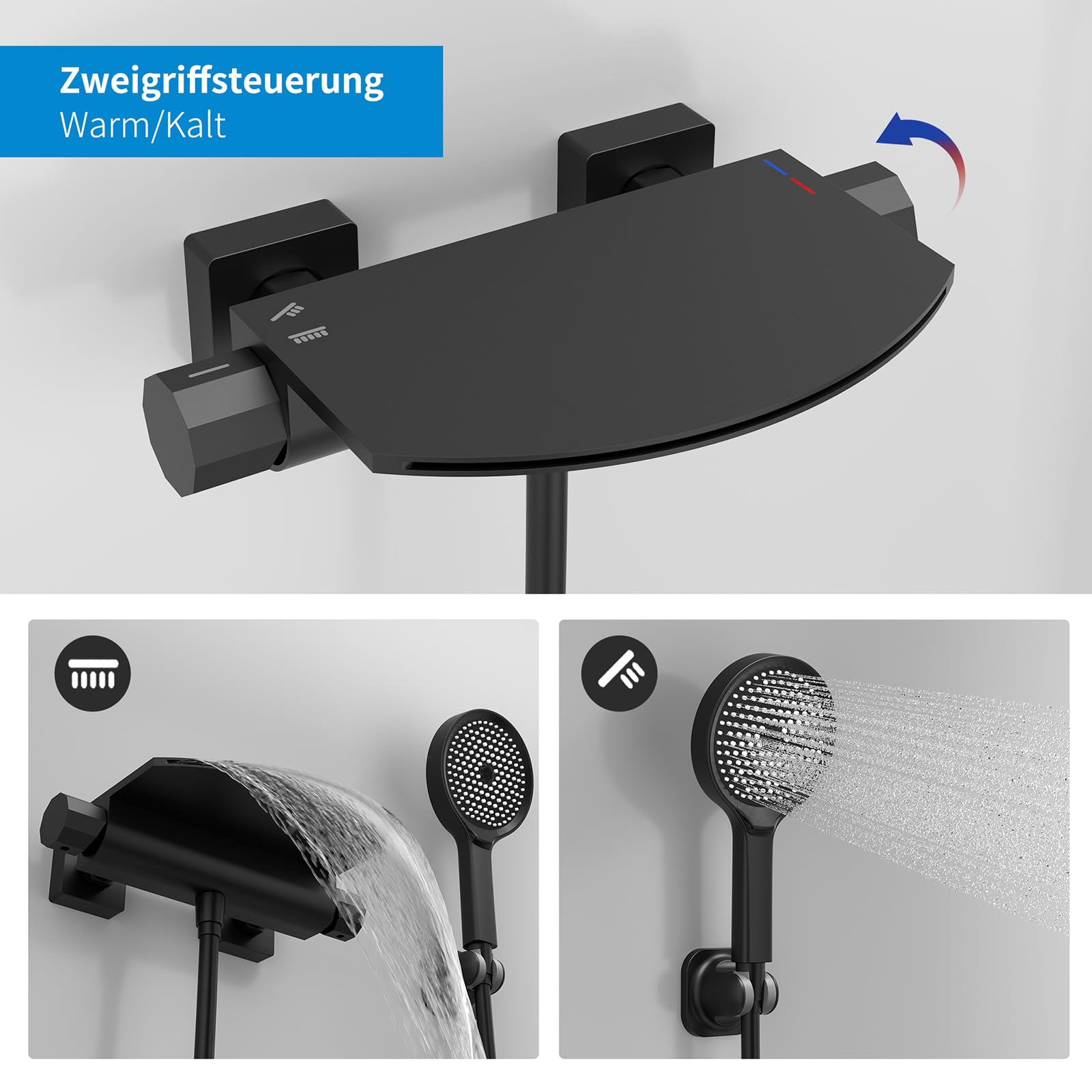 HOMELODY Badewannenarmatur Schwarz, Badewannenarmatur mit Handbrause, Wasserfall Wannenarmatur, Messing Mischbatterie Wandarmatur für Badewanne, Wandmontage mit großer Plattform