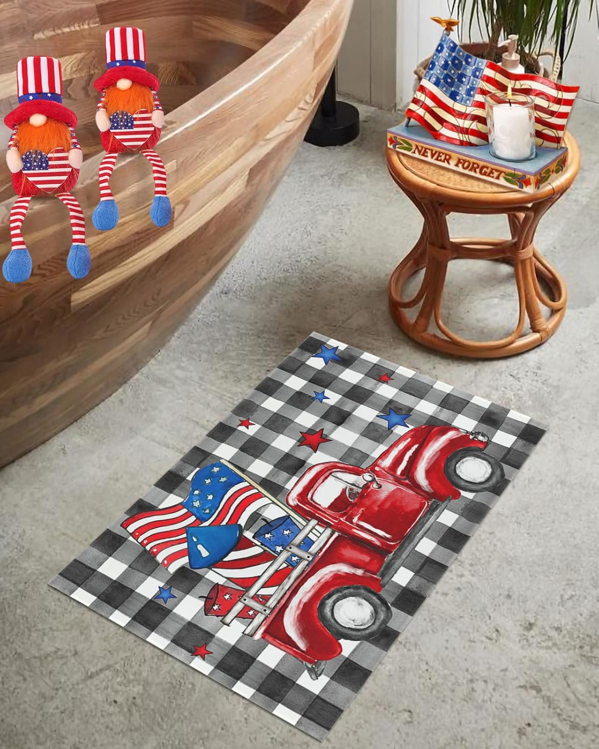 4th of July Truck Entrance Floor Mat Independence Day Theme Doormat White Buffalo Plaid Welcome Door Mat Low Profile Non Slip Entry Rugs for Bathroom Kitchen Home Front Decor 16x24inch