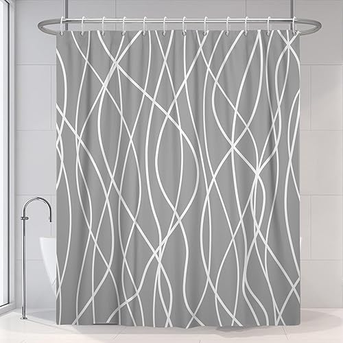 Miniatura 102 de Cortina de ducha pequeña a rayas gris claro degradado para baño, 36 x 72 pulgadas, juego de cortina de ducha geométrica para cabina de RV con Gris