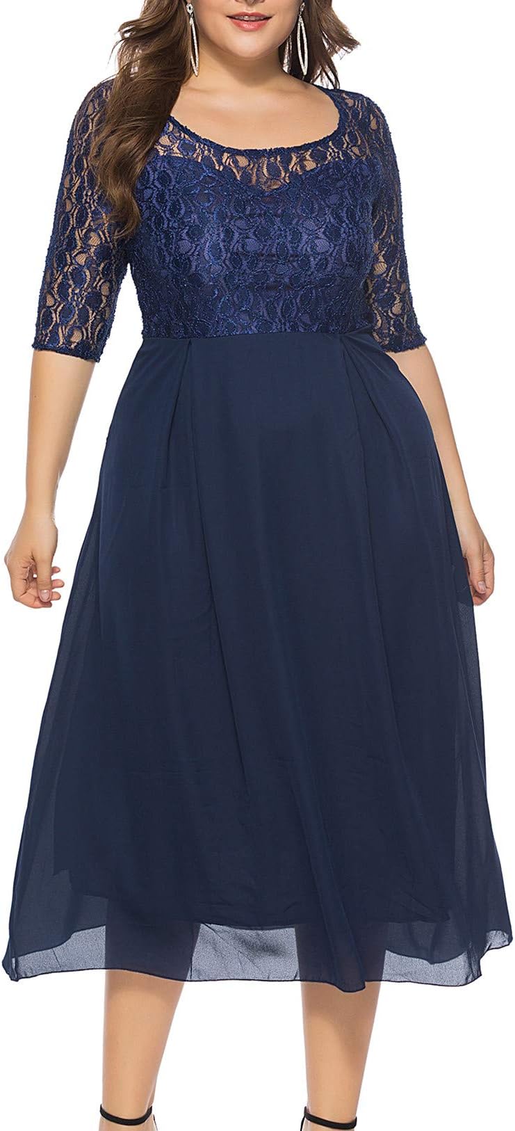 Plus Size Lace Dress Women 3/4 Sleeve A Line Vintage Dress for Party Cocktail Evening Prom